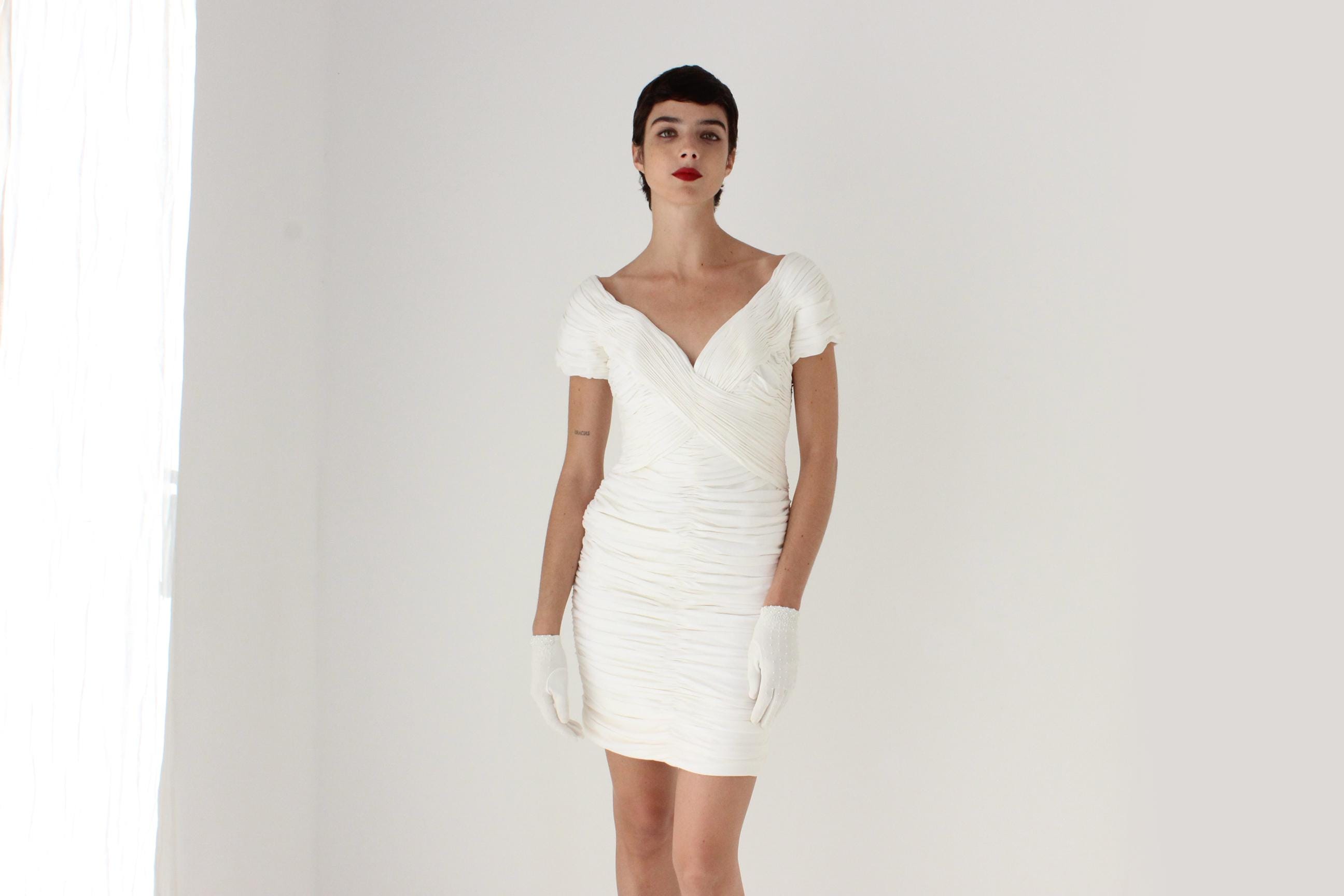 80s Vicky Tiel Couture (Paris) Textured / Gathered White Bridal Mini Dress