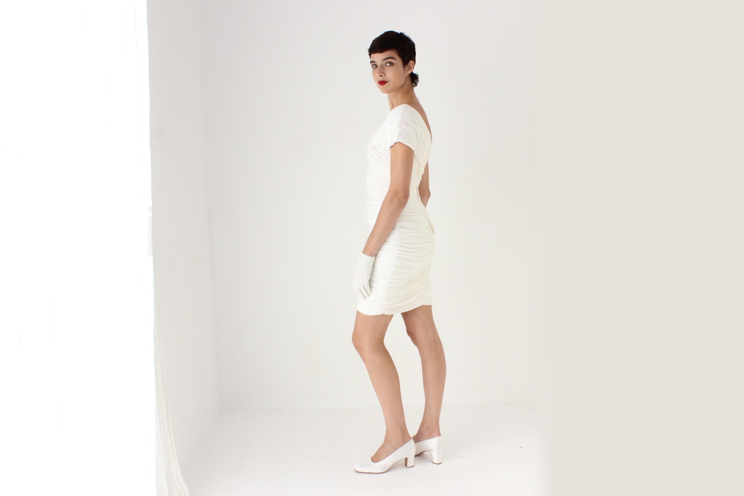 80s Vicky Tiel Couture (Paris) Textured / Gathered White Bridal Mini Dress