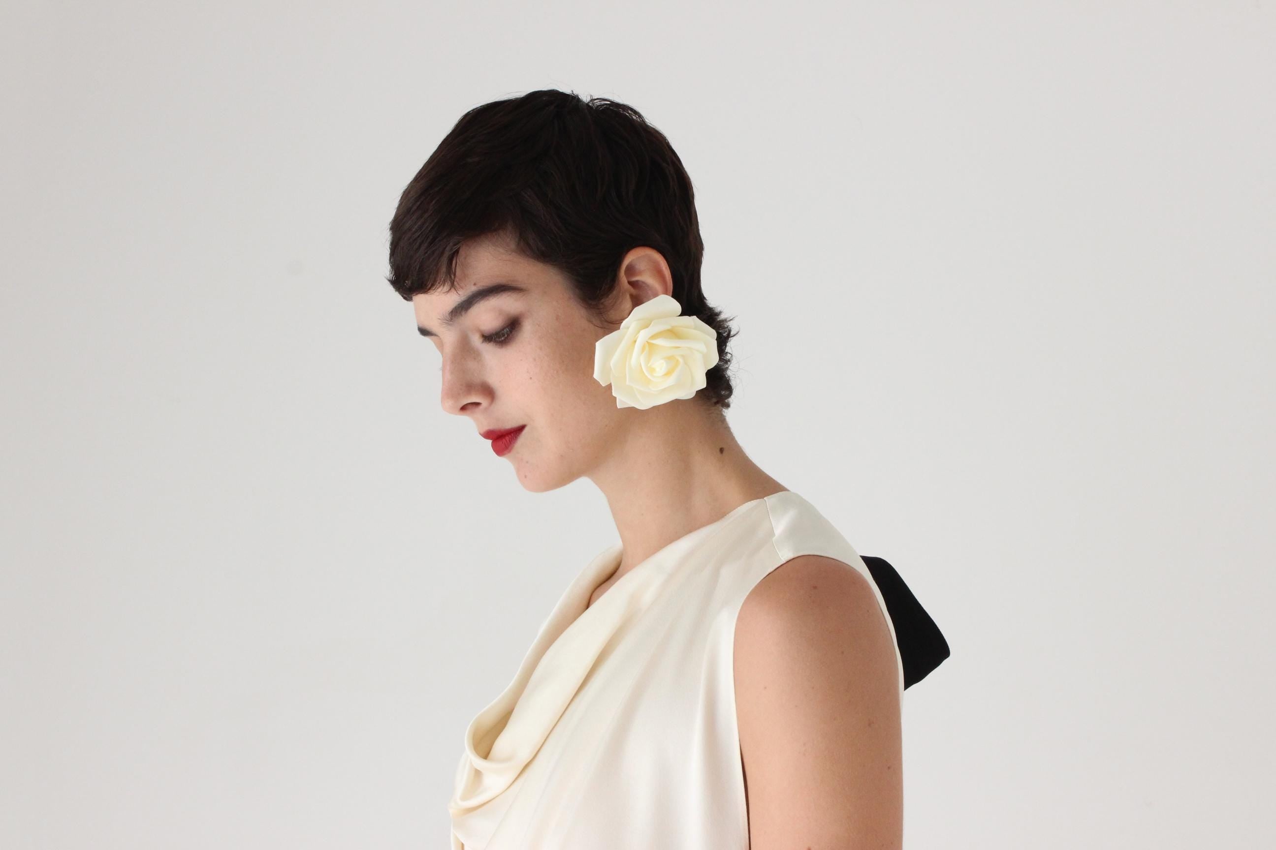 Oversized Cream Velour Rose Earrings