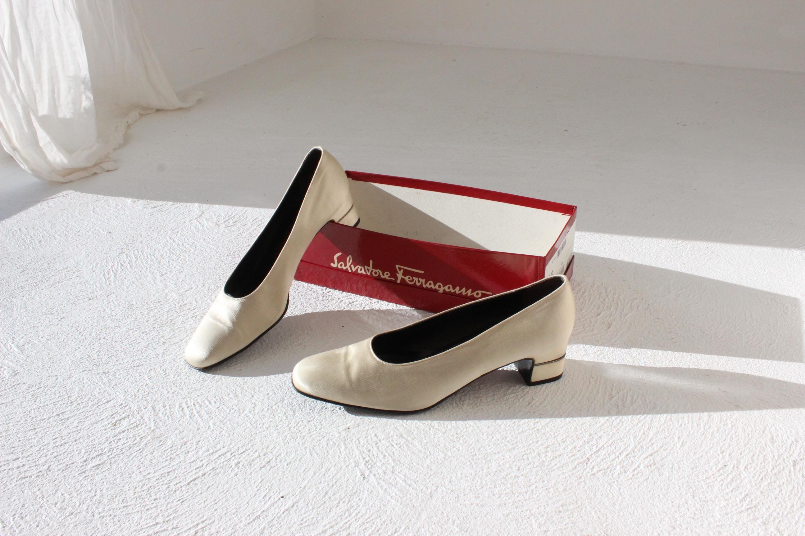 80s Salvatore Ferragamo Bone Satin Low Heel Shoes - Euro 39.5