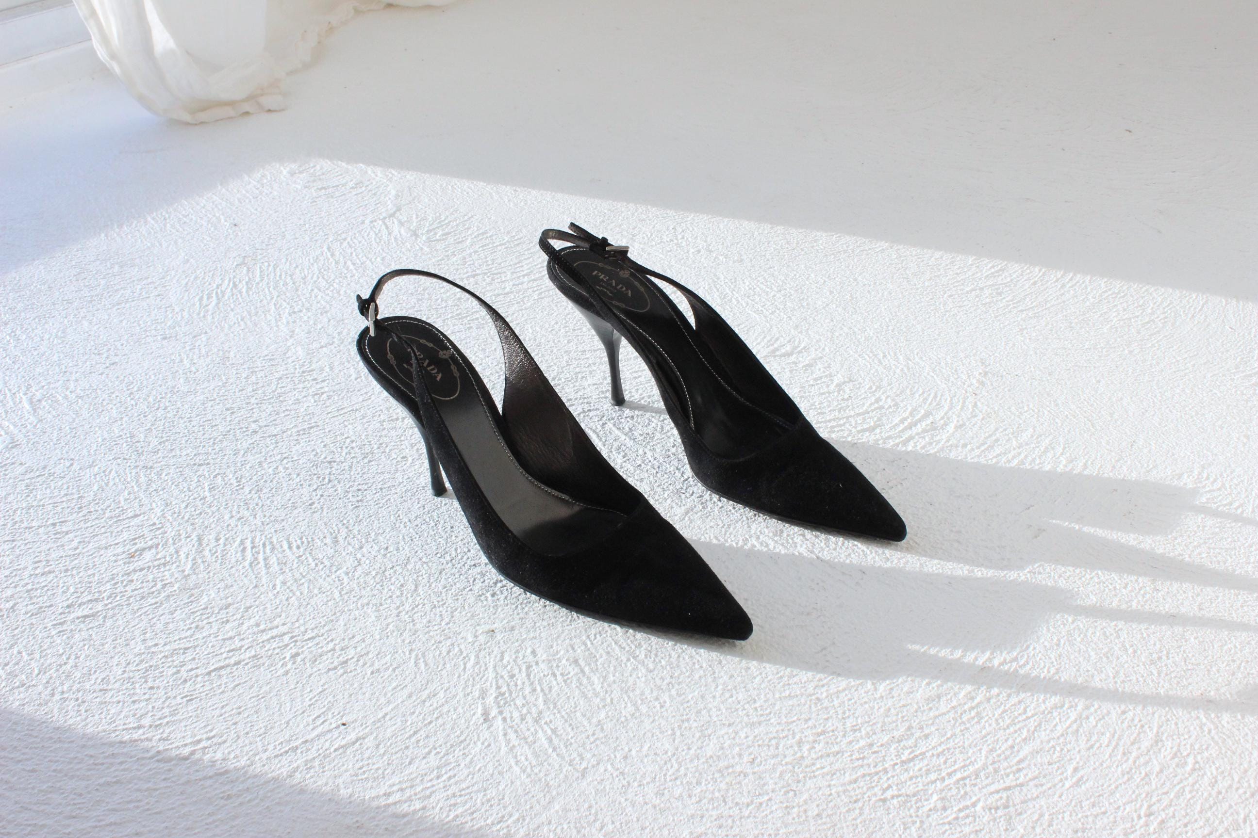 2008 Prada 'Crucial II' Black Suede Pointed Toe Slingback Heels ~ Euro 39