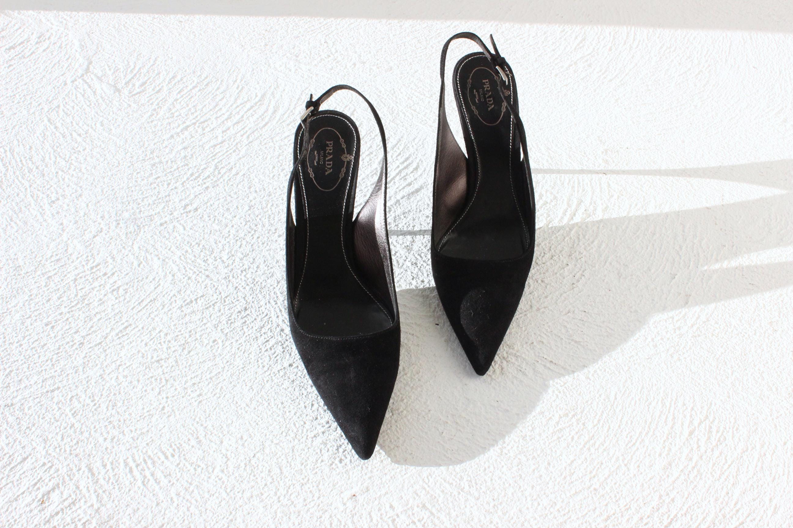 2008 Prada 'Crucial II' Black Suede Pointed Toe Slingback Heels ~ Euro 39