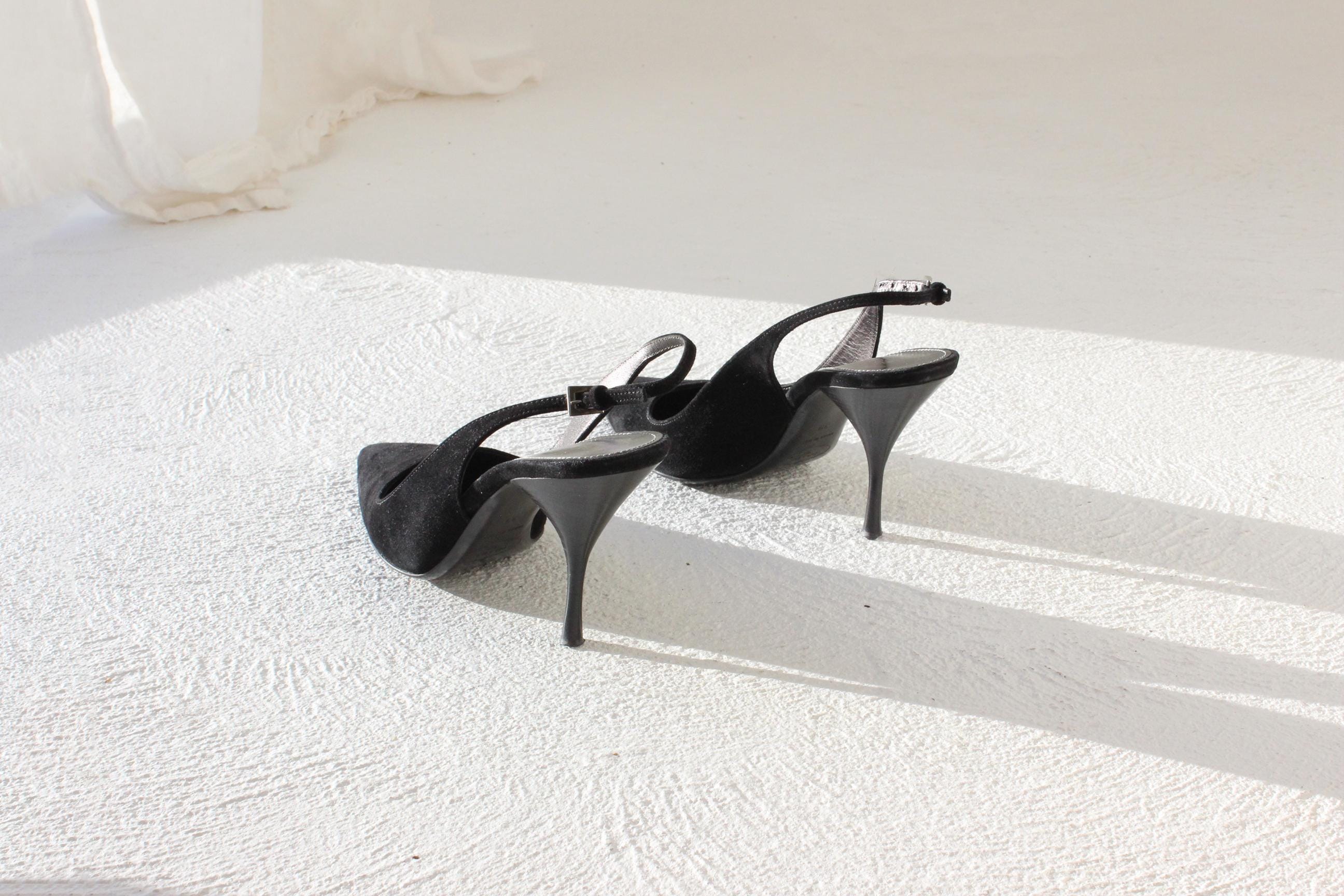 2008 Prada 'Crucial II' Black Suede Pointed Toe Slingback Heels ~ Euro 39