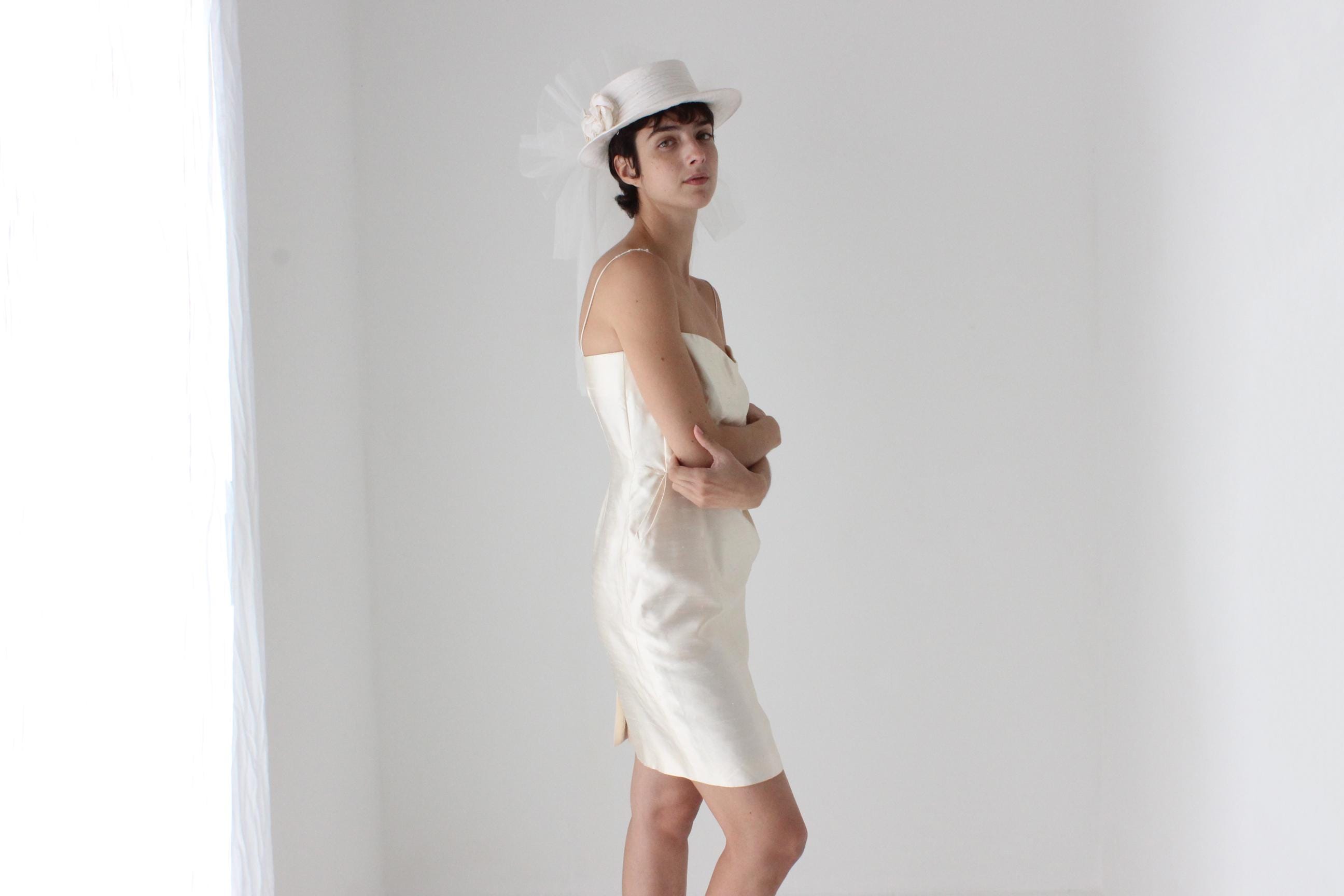 80s Silk Bridal Hat w/ Tulle Veil by Cupid's Millinery