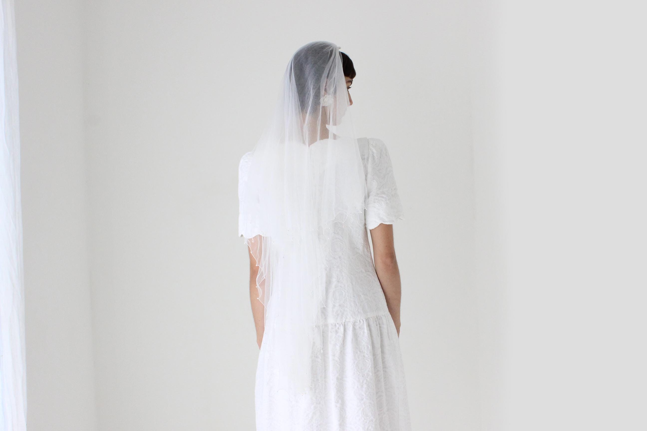 White Tulle Veil w/ Beads & Pearls