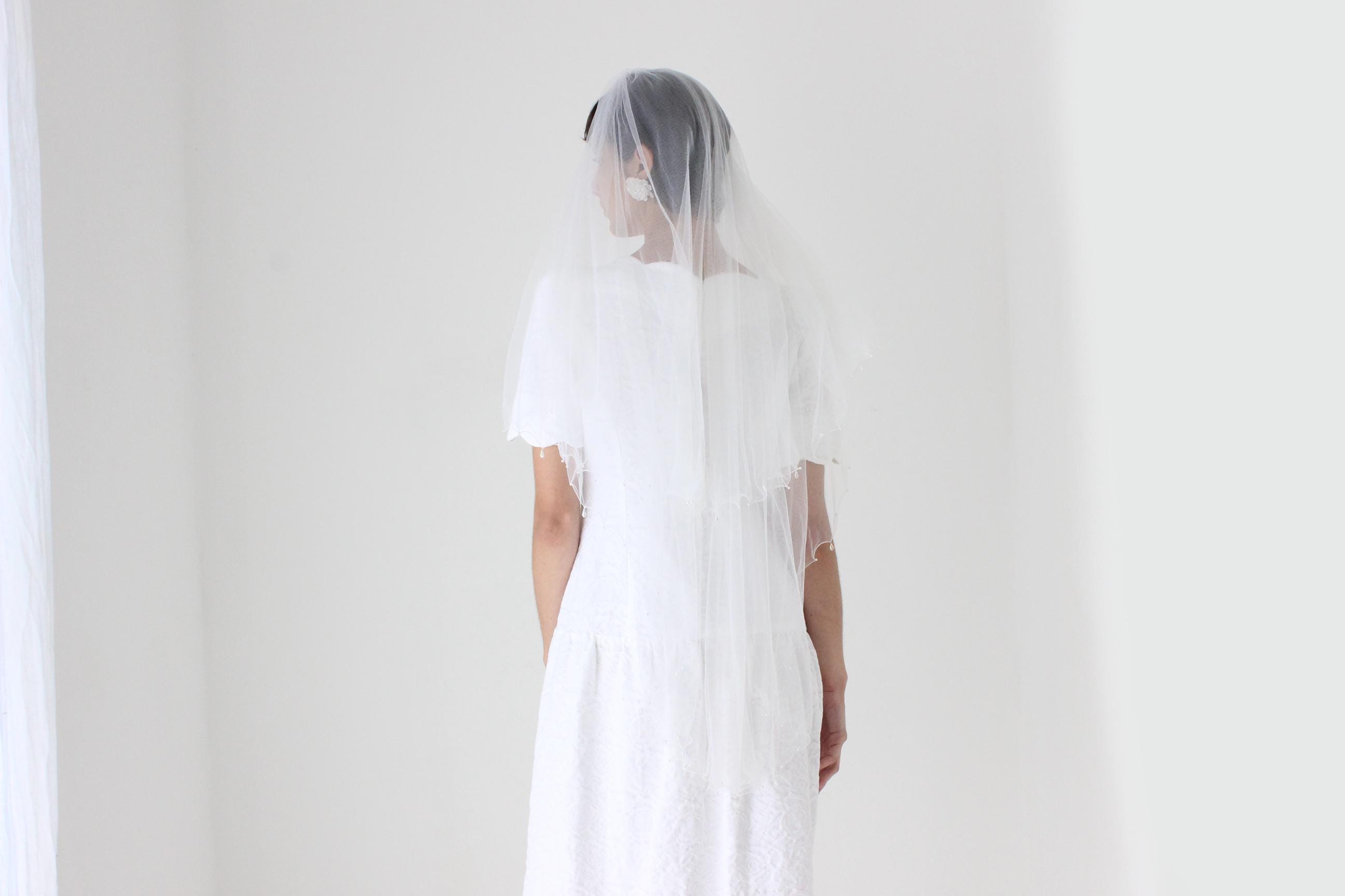 White Tulle Veil w/ Beads & Pearls