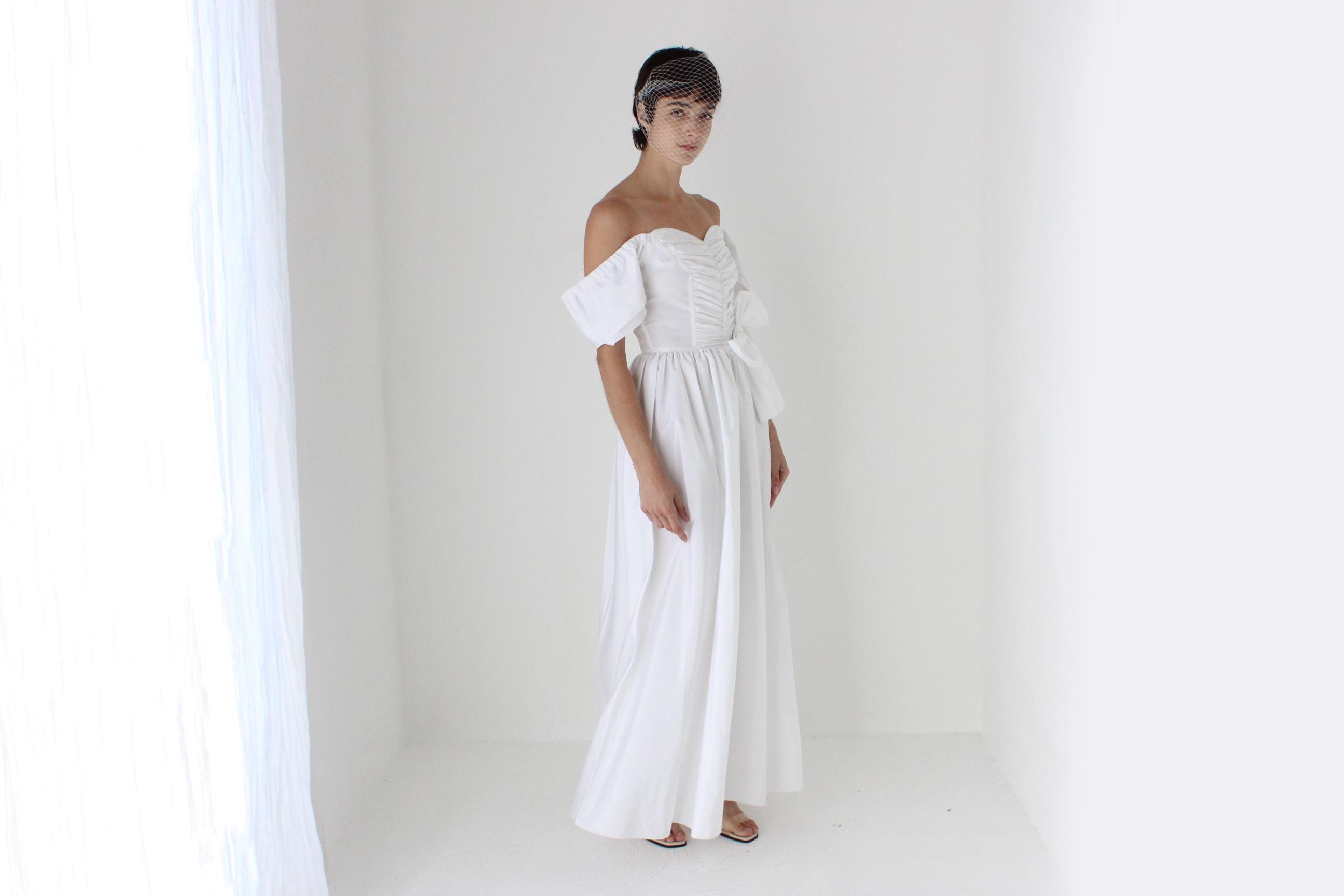 80s Taffeta Off Shoulder OR Flutter Sleeve Gown
