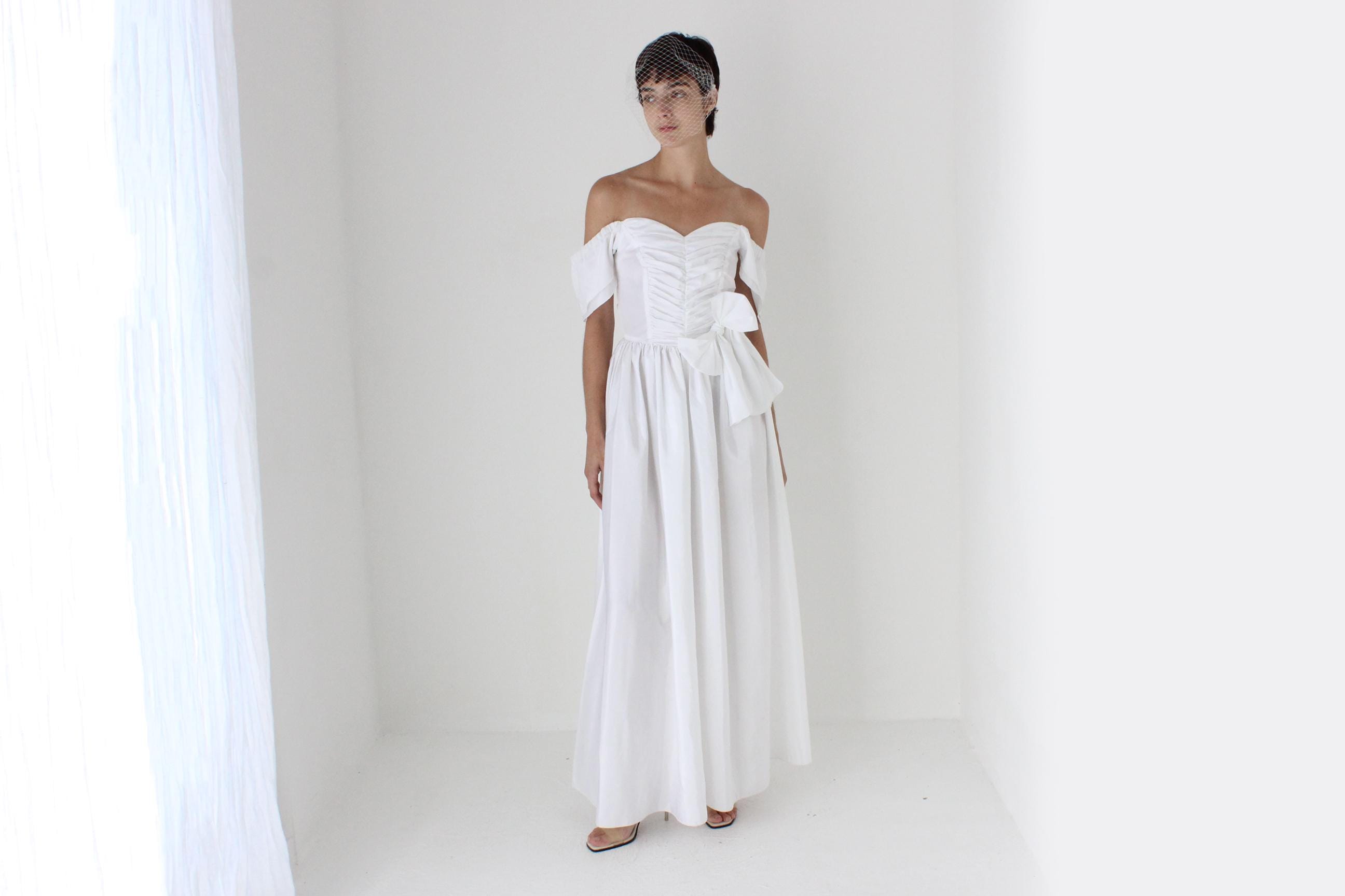 80s Taffeta Off Shoulder OR Flutter Sleeve Gown