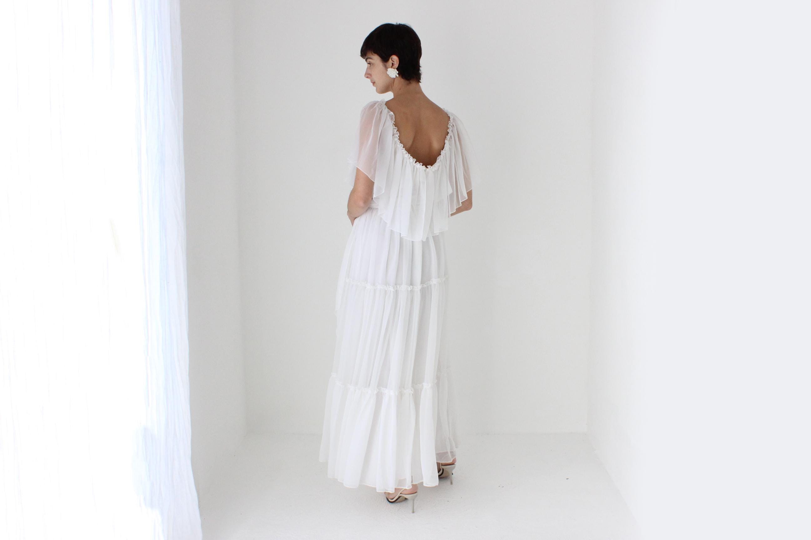 Romantic 70s Organza Tiered Ruffle Flutter Dress