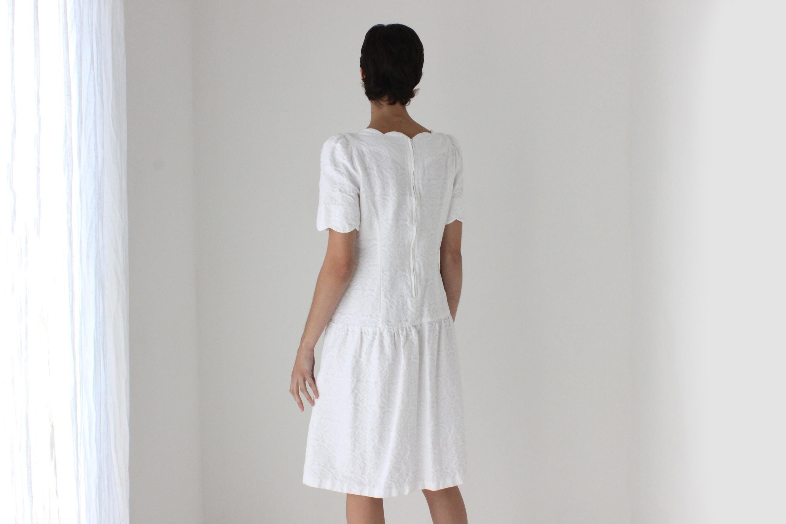 80s Saks Fifth Avenue Textured Cotton Drop Waist Dress