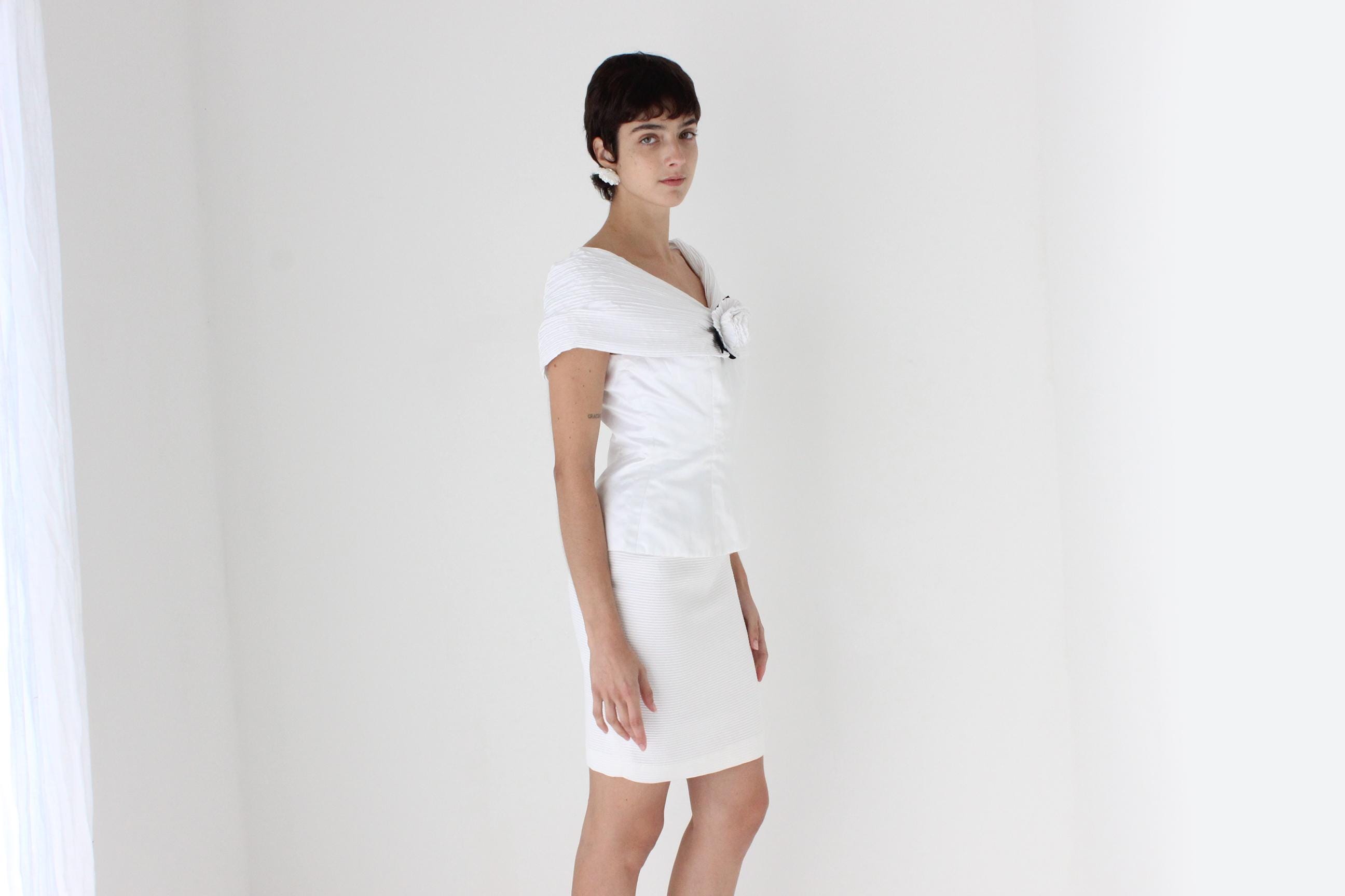 80s Teena Varigos Plisse Off Shoulder Bridal Rosette Top