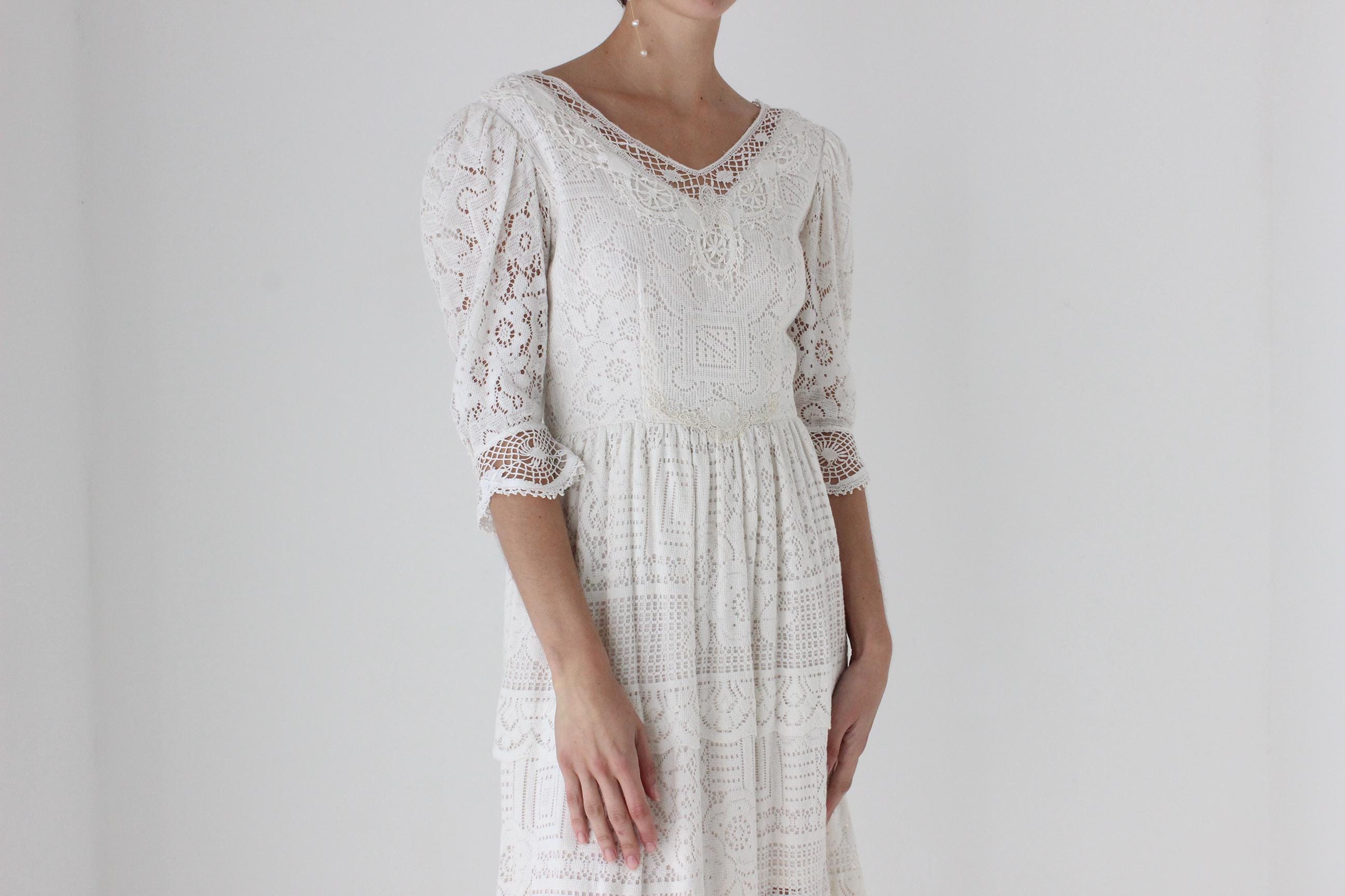 70s Cotton Doily Long Sleeve Wedding Dress
