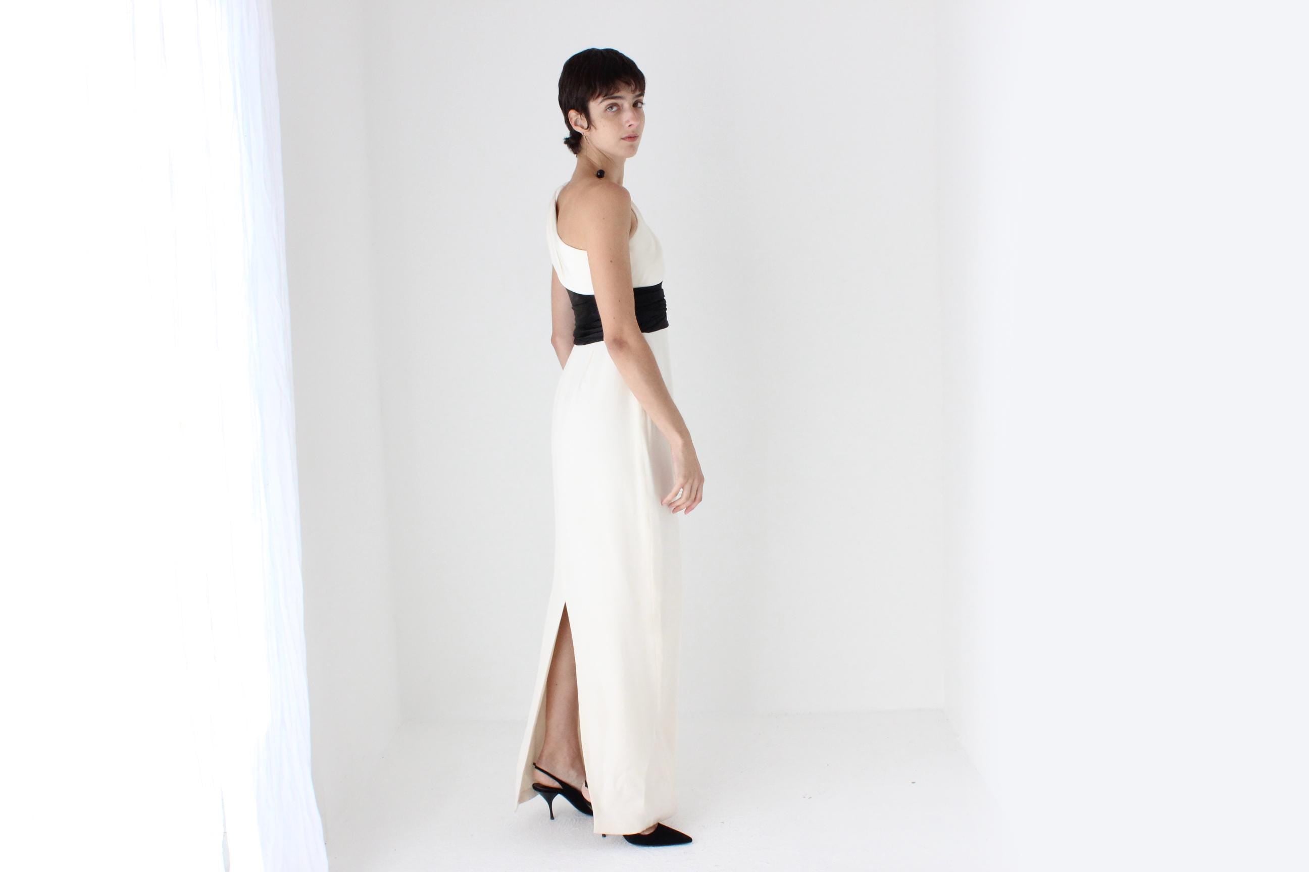 2000s Marchesa Notte Sublime Silk 'Twisted' One Shoulder Monochrome Gown