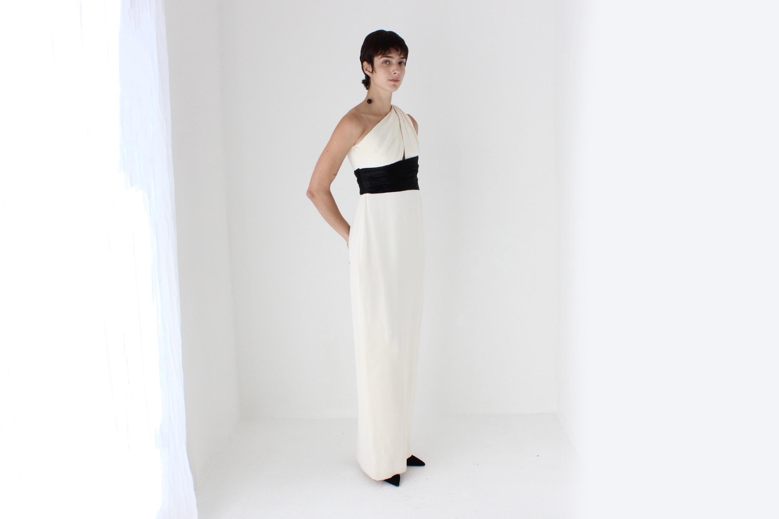 2000s Marchesa Notte Sublime Silk 'Twisted' One Shoulder Monochrome Gown
