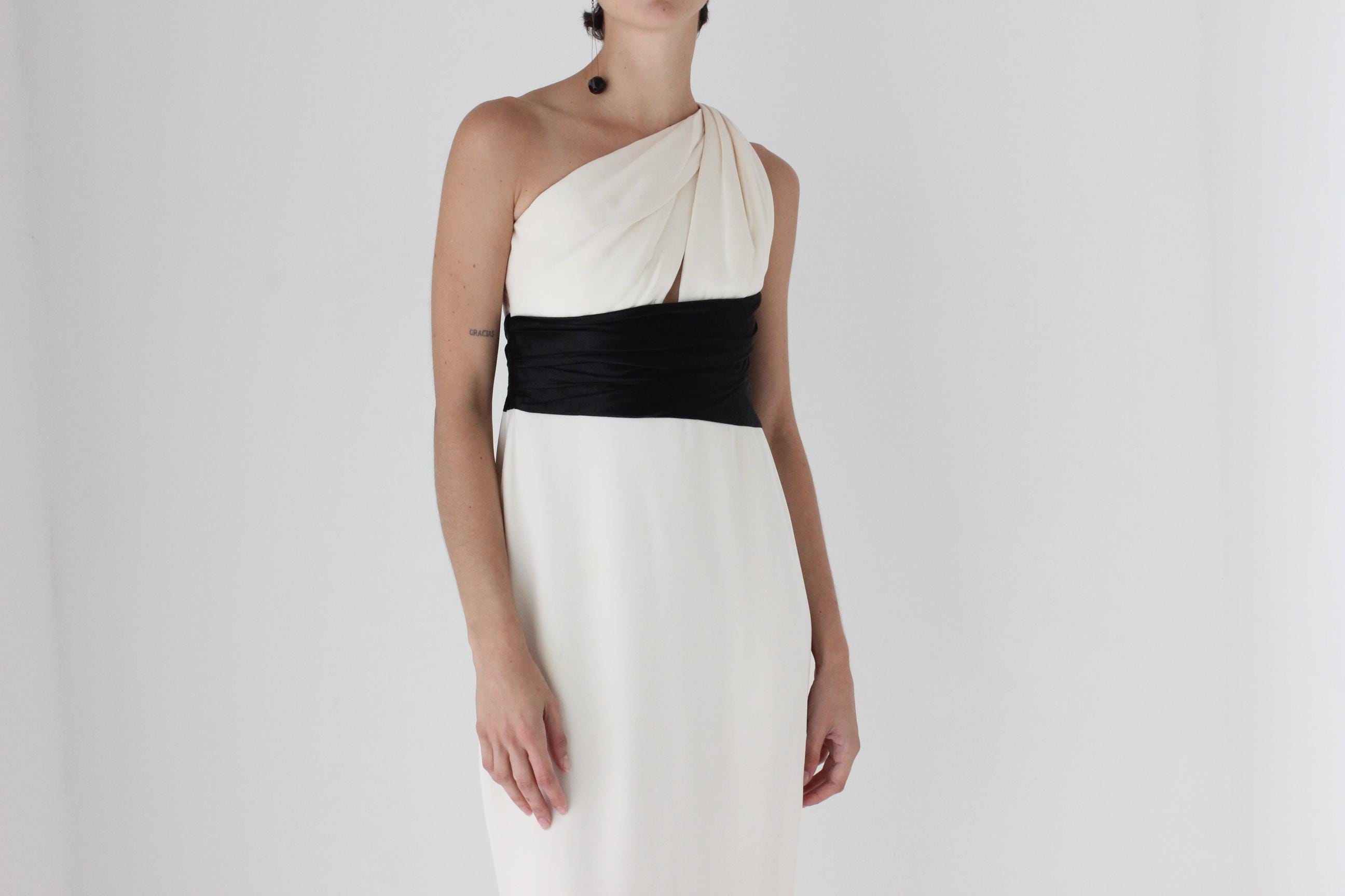 2000s Marchesa Notte Sublime Silk 'Twisted' One Shoulder Monochrome Gown