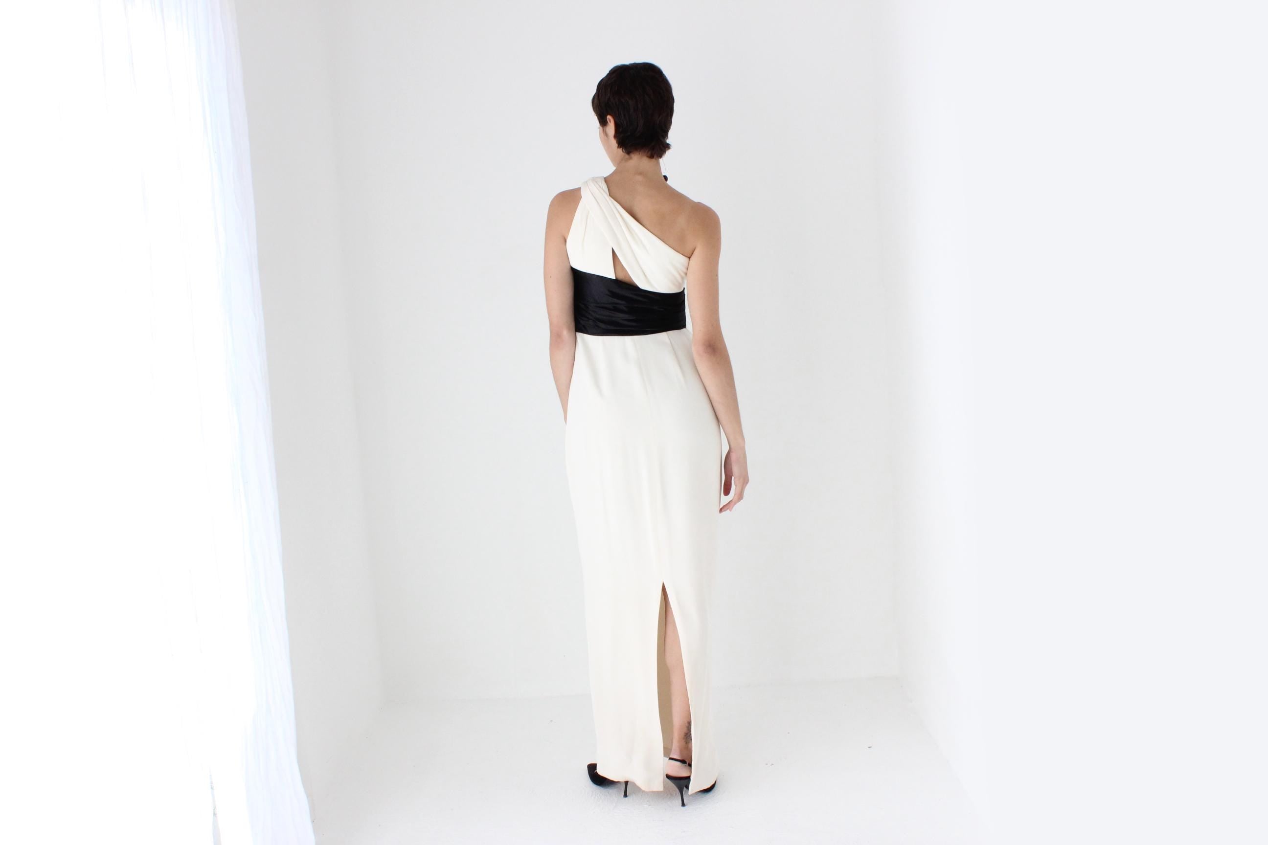 2000s Marchesa Notte Sublime Silk 'Twisted' One Shoulder Monochrome Gown