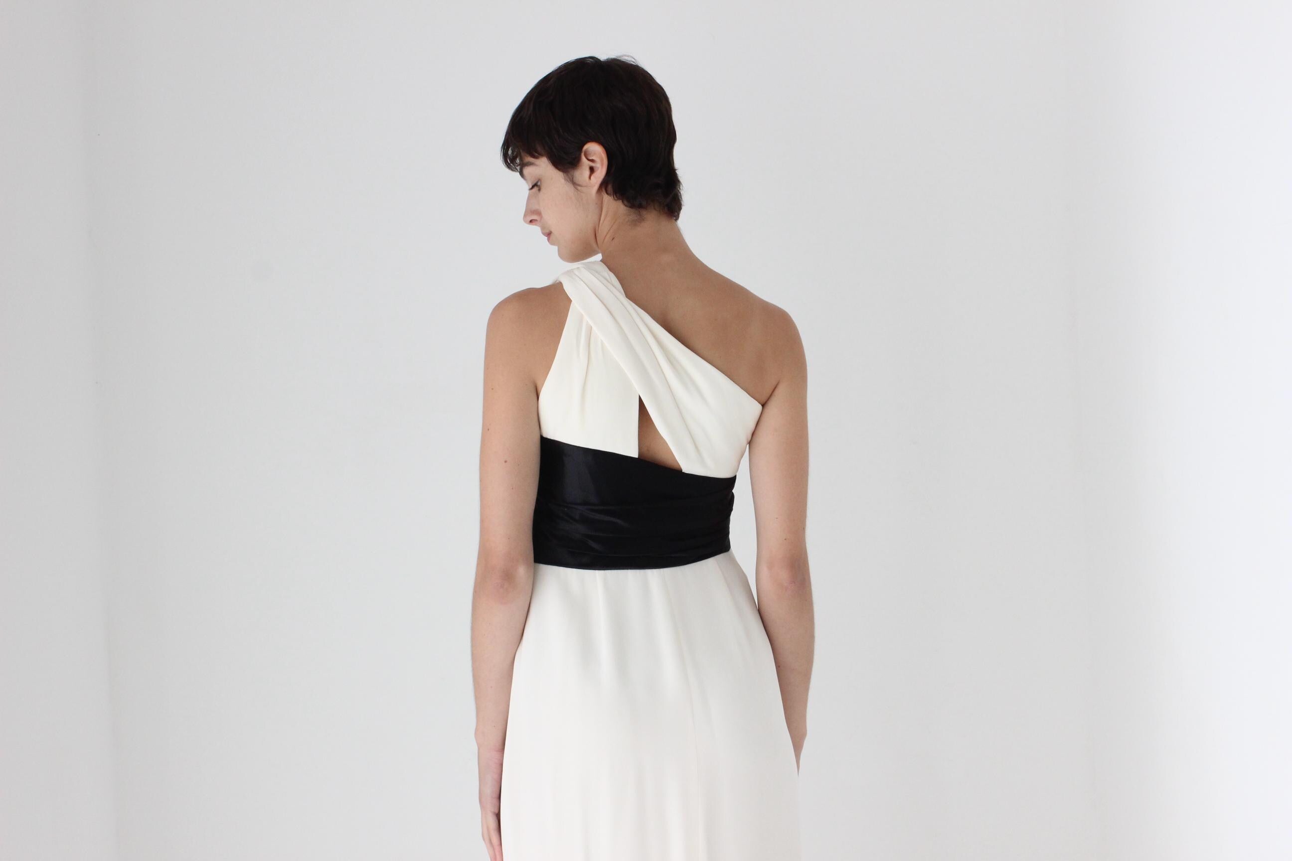 2000s Marchesa Notte Sublime Silk 'Twisted' One Shoulder Monochrome Gown