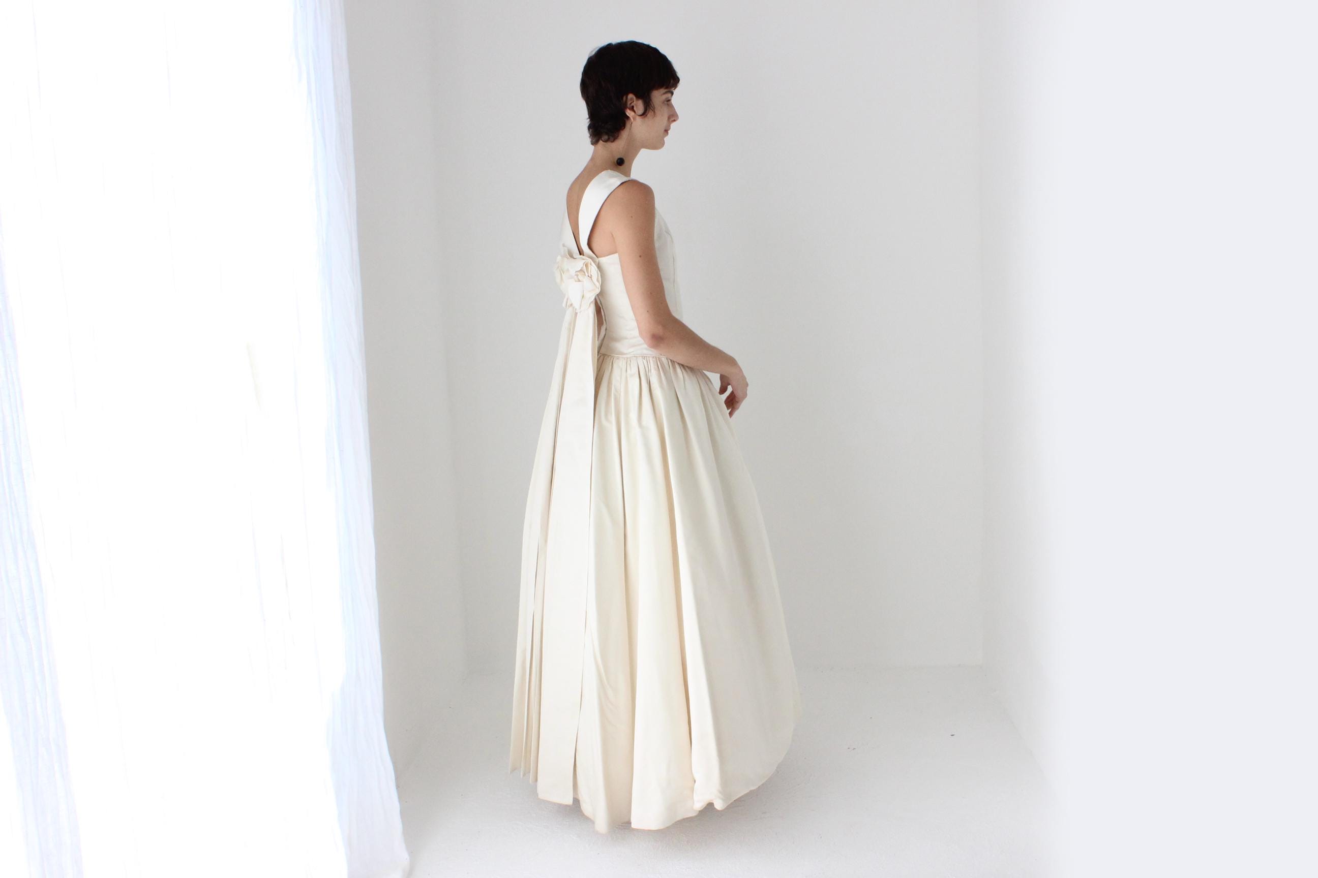 90s Archival Amsale Satin High Neck, Drop Waist Wedding Gown w/ Rosettes