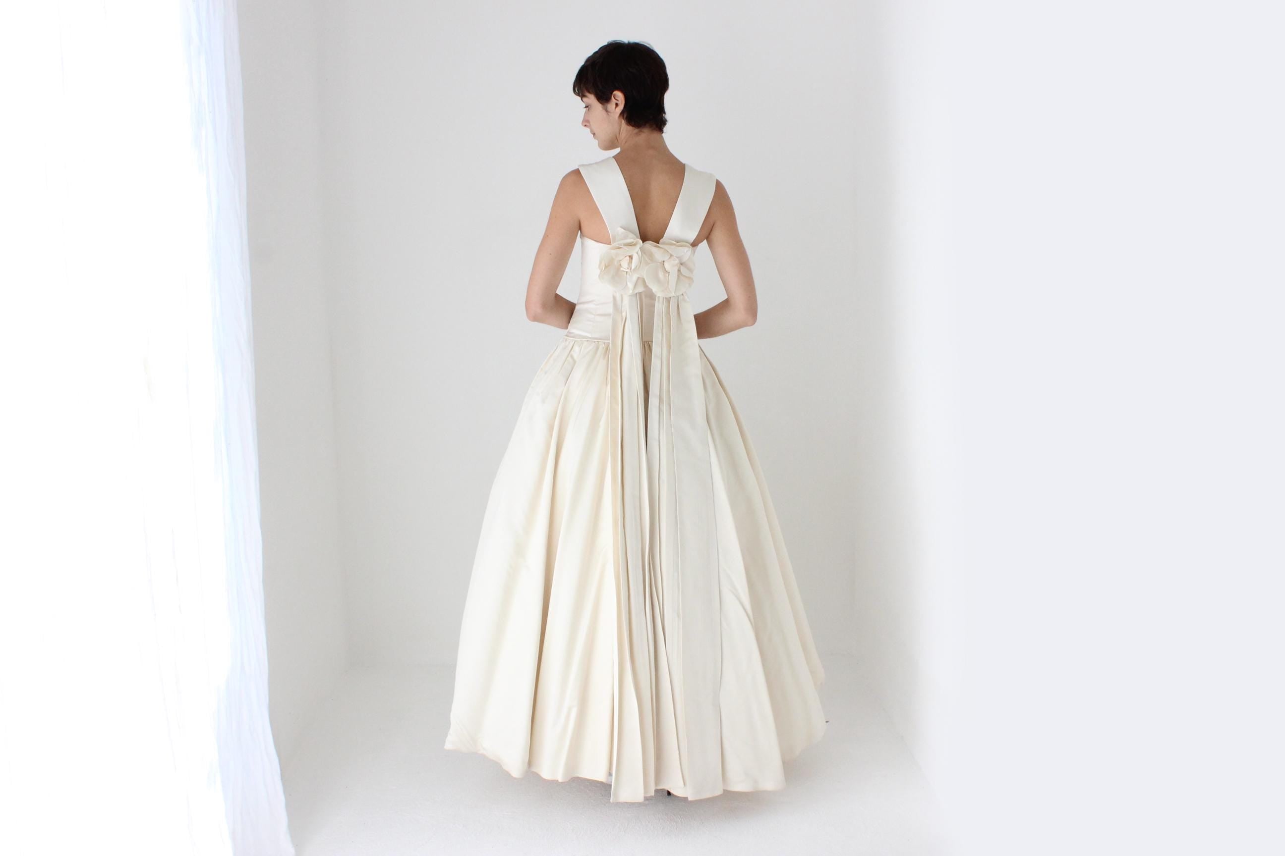 90s Archival Amsale Satin High Neck, Drop Waist Wedding Gown w/ Rosettes