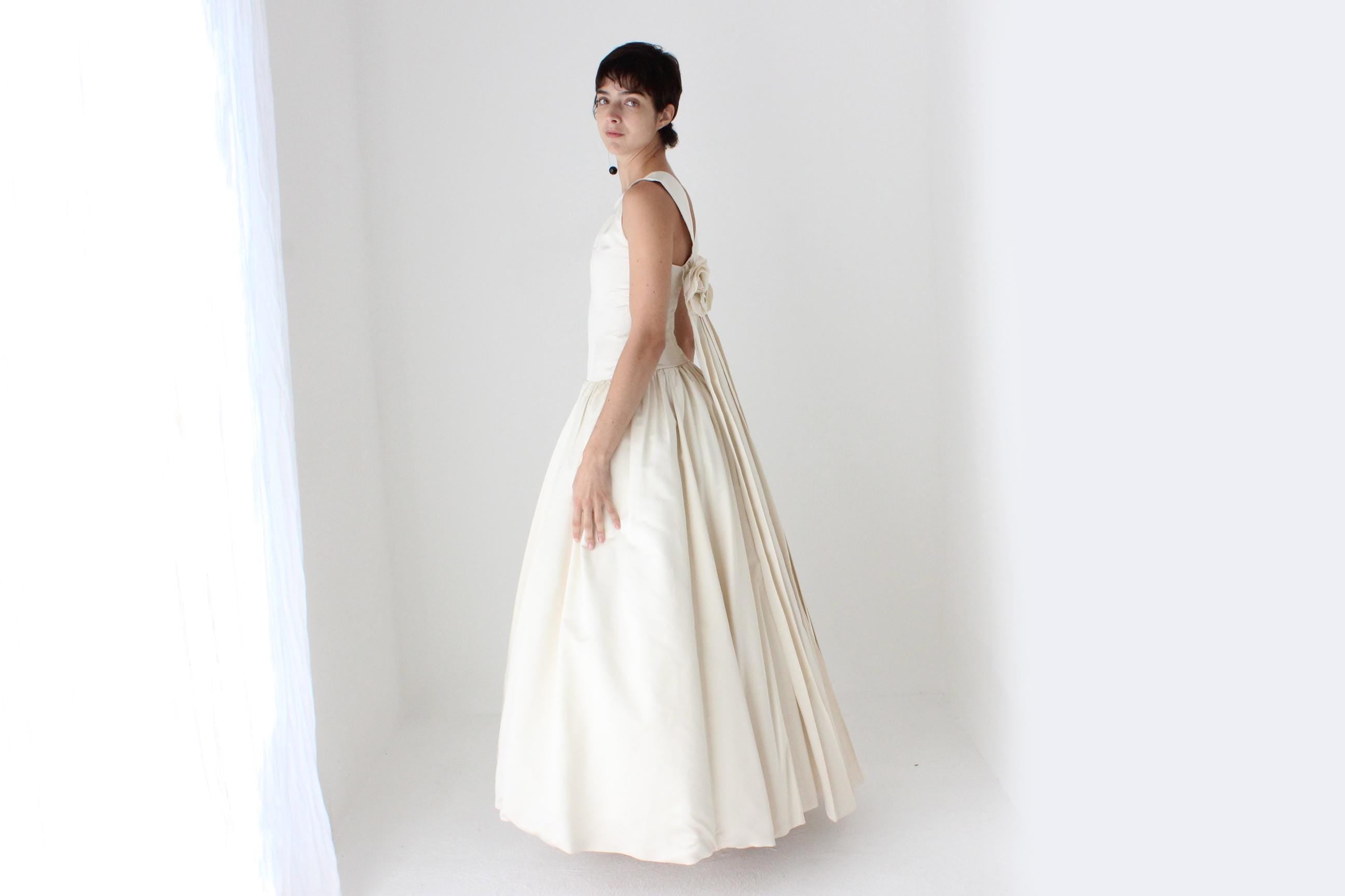 90s Archival Amsale Satin High Neck, Drop Waist Wedding Gown w/ Rosettes