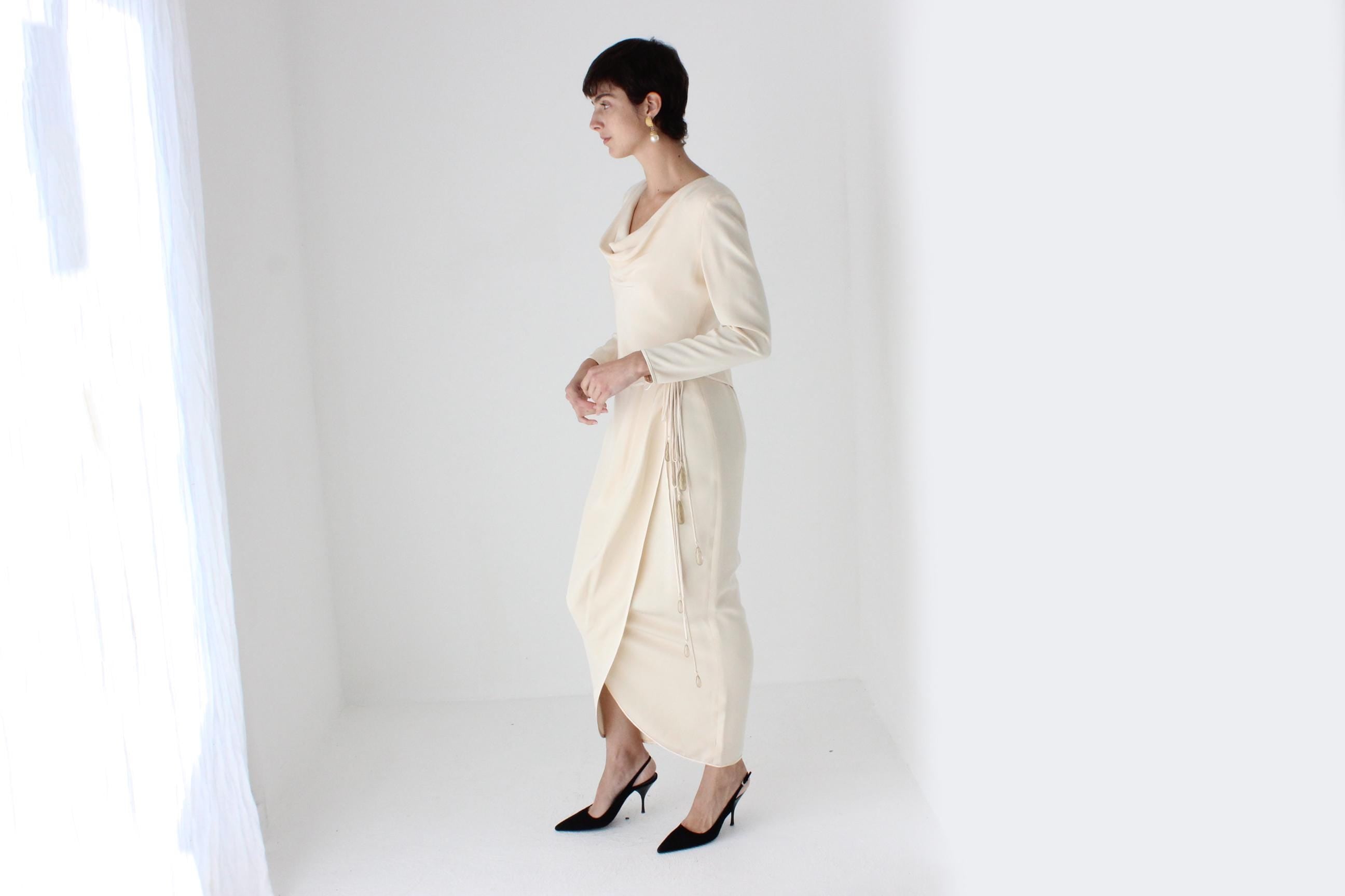 80s Sharp Shoulder Draped Hourglass Dress w/ Trailing Gemstones by Tom & Linda Platt