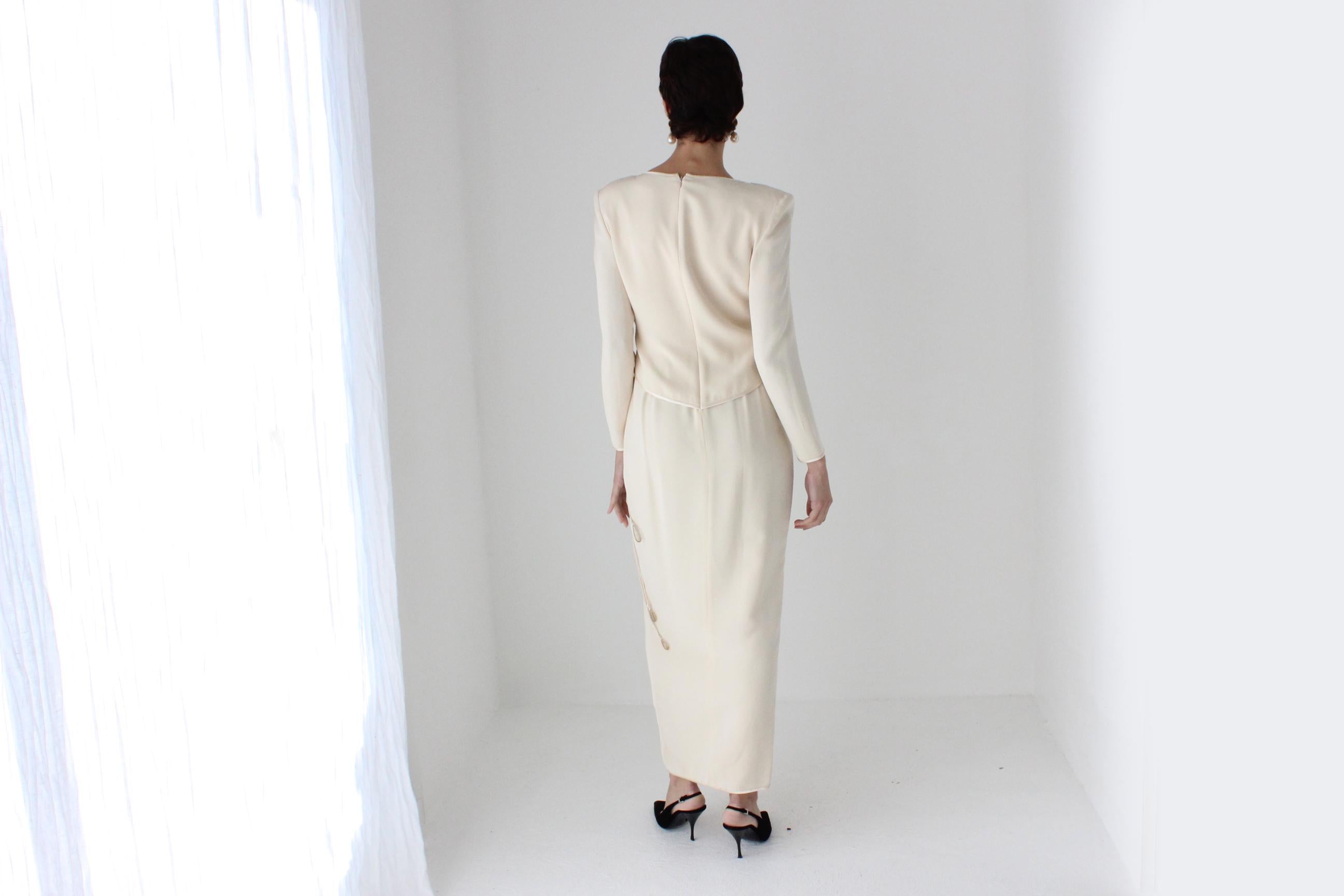 80s Sharp Shoulder Draped Hourglass Dress w/ Trailing Gemstones by Tom & Linda Platt