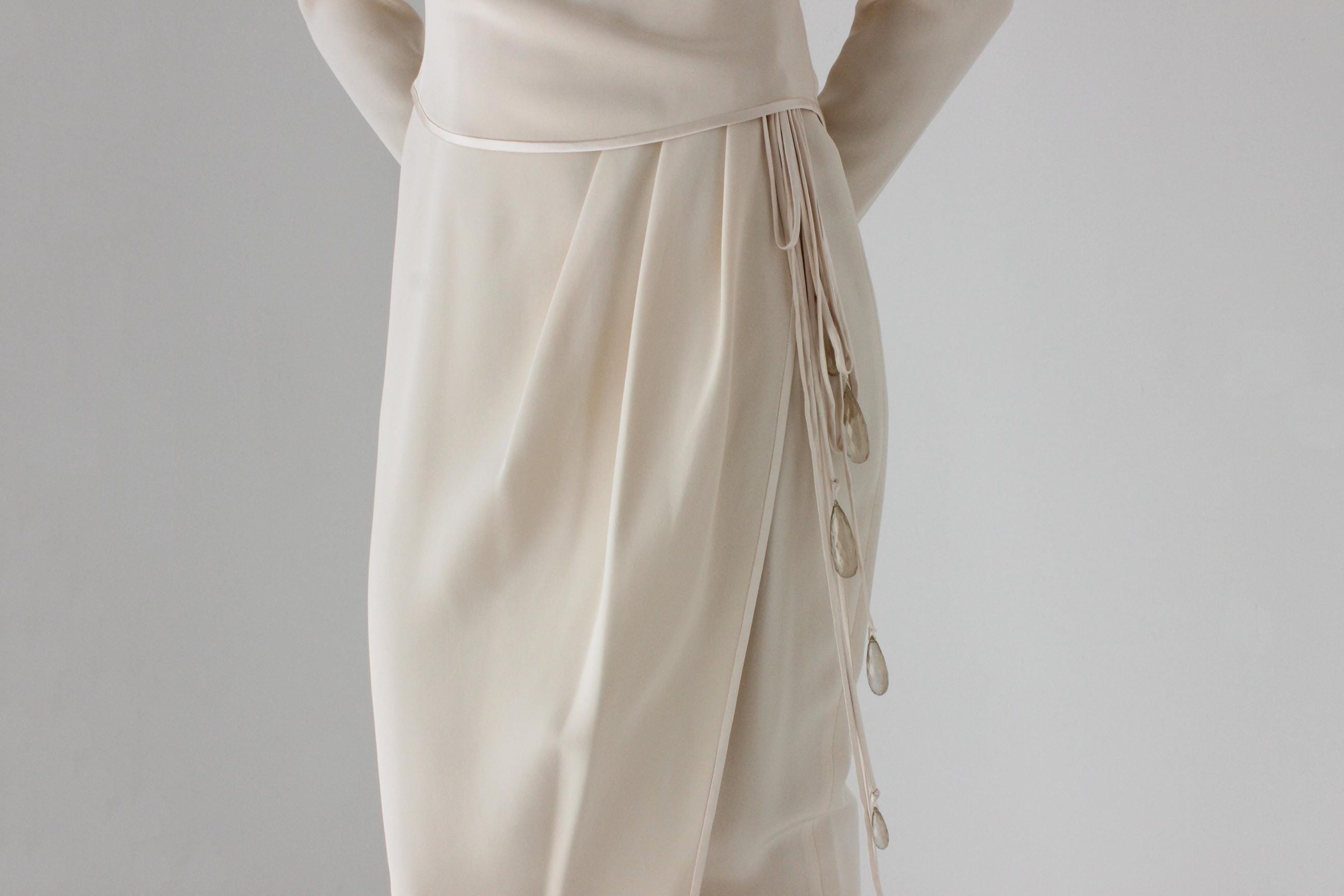80s Sharp Shoulder Draped Hourglass Dress w/ Trailing Gemstones by Tom & Linda Platt