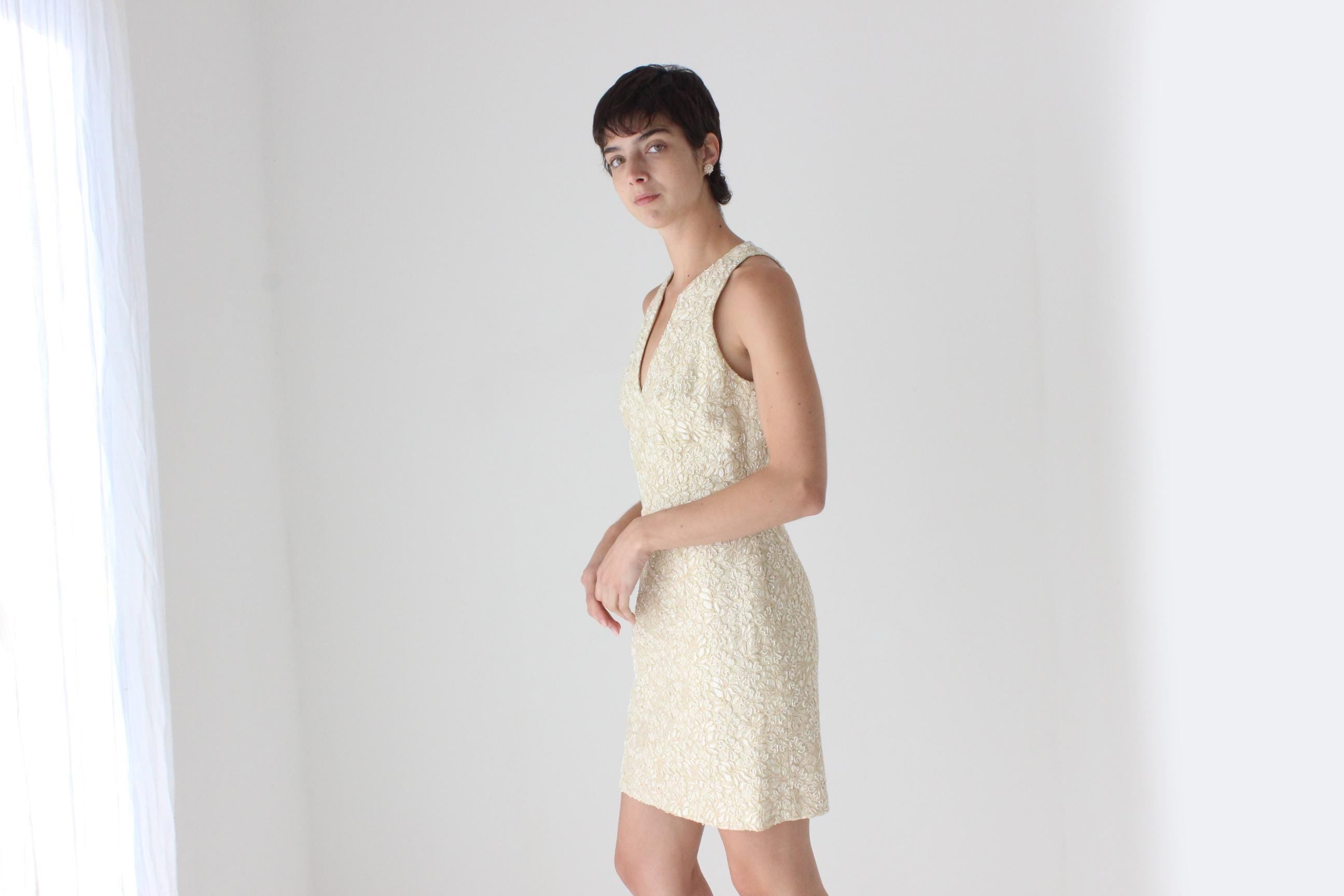 2000s Carmen Marc Valvo Pastel Yellow Beaded Lace Mini