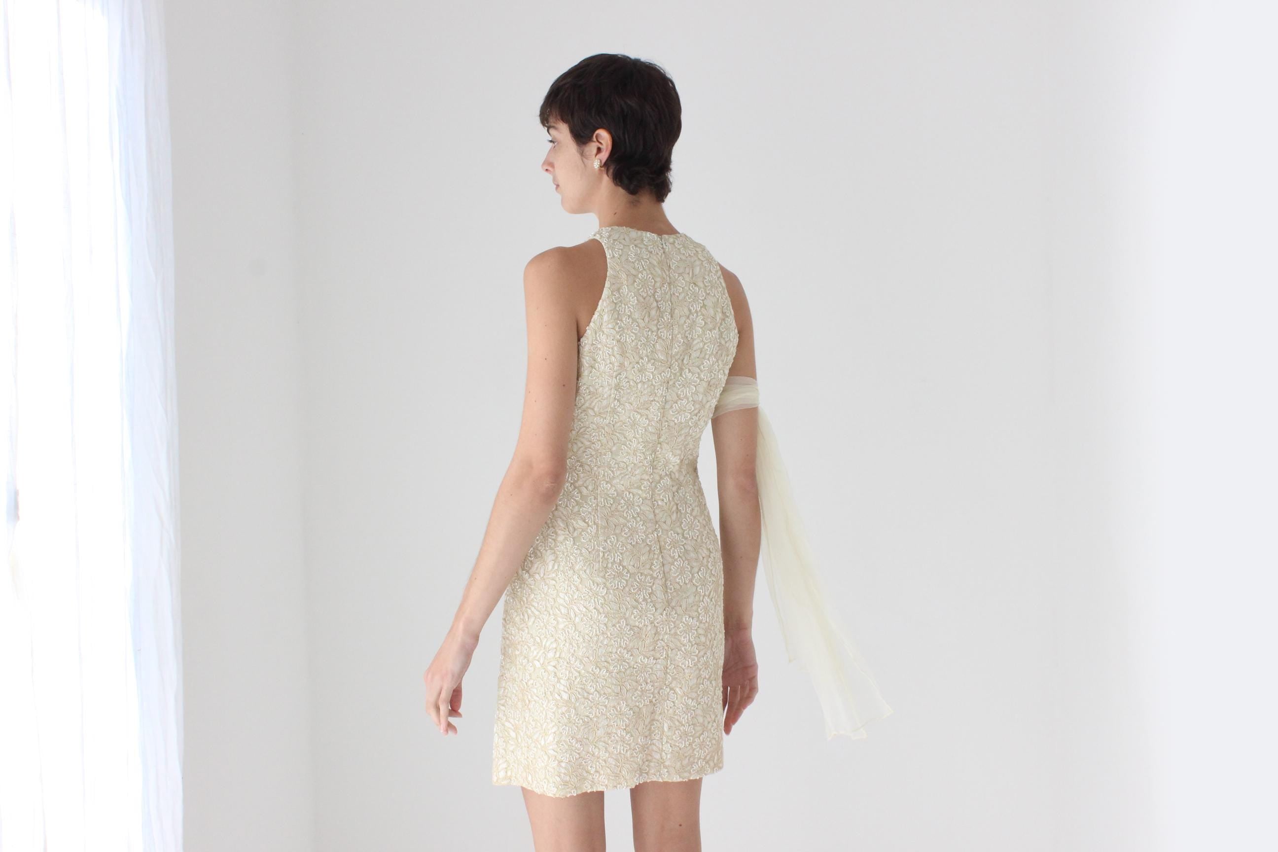 2000s Carmen Marc Valvo Pastel Yellow Beaded Lace Mini