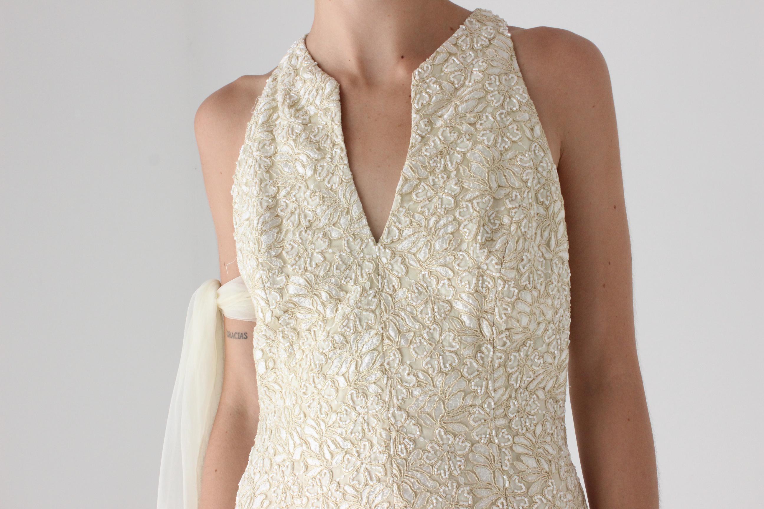 2000s Carmen Marc Valvo Pastel Yellow Beaded Lace Mini