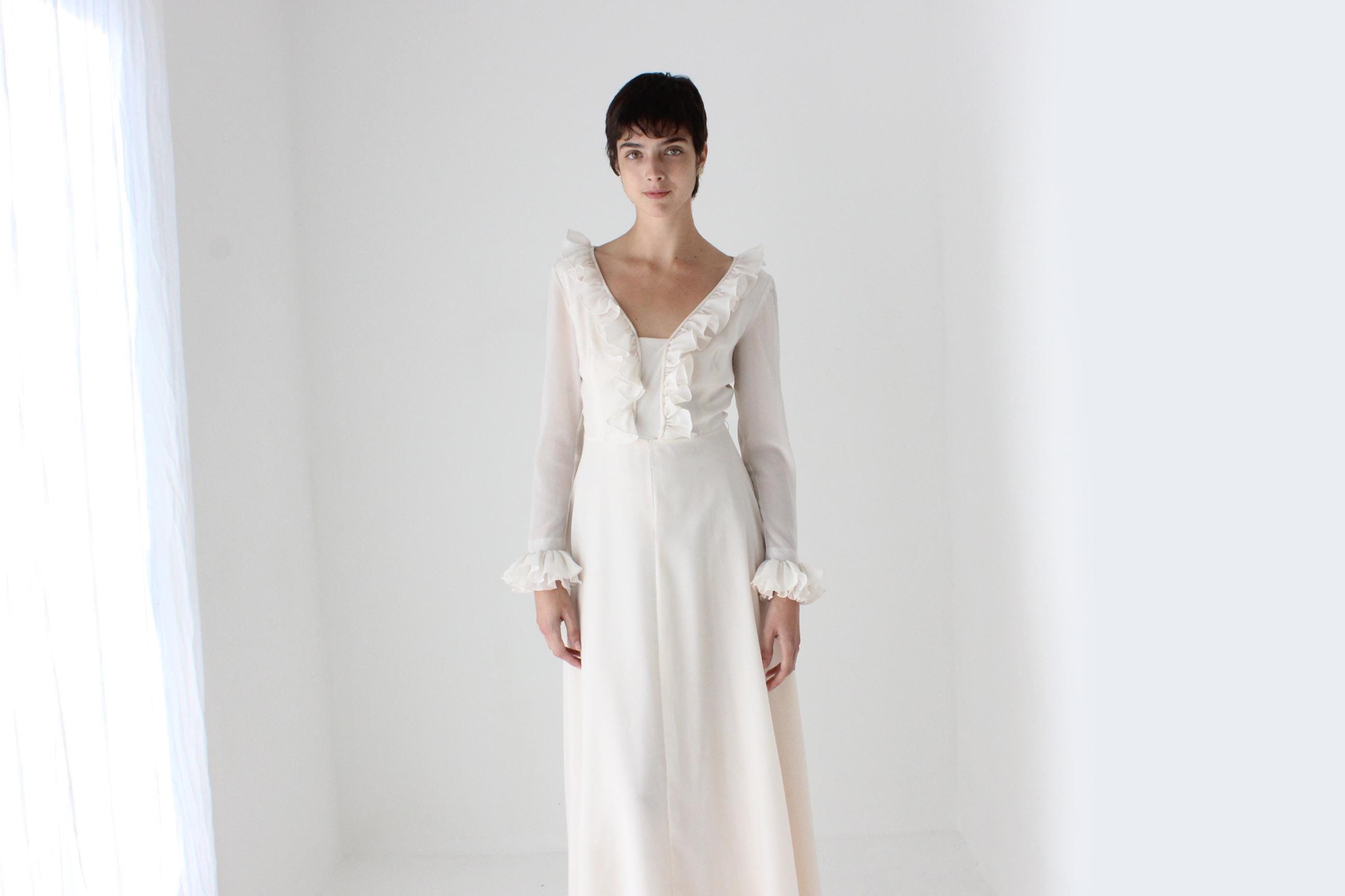 Romantic 1970s Ruffle Sleeve Maxi Dress