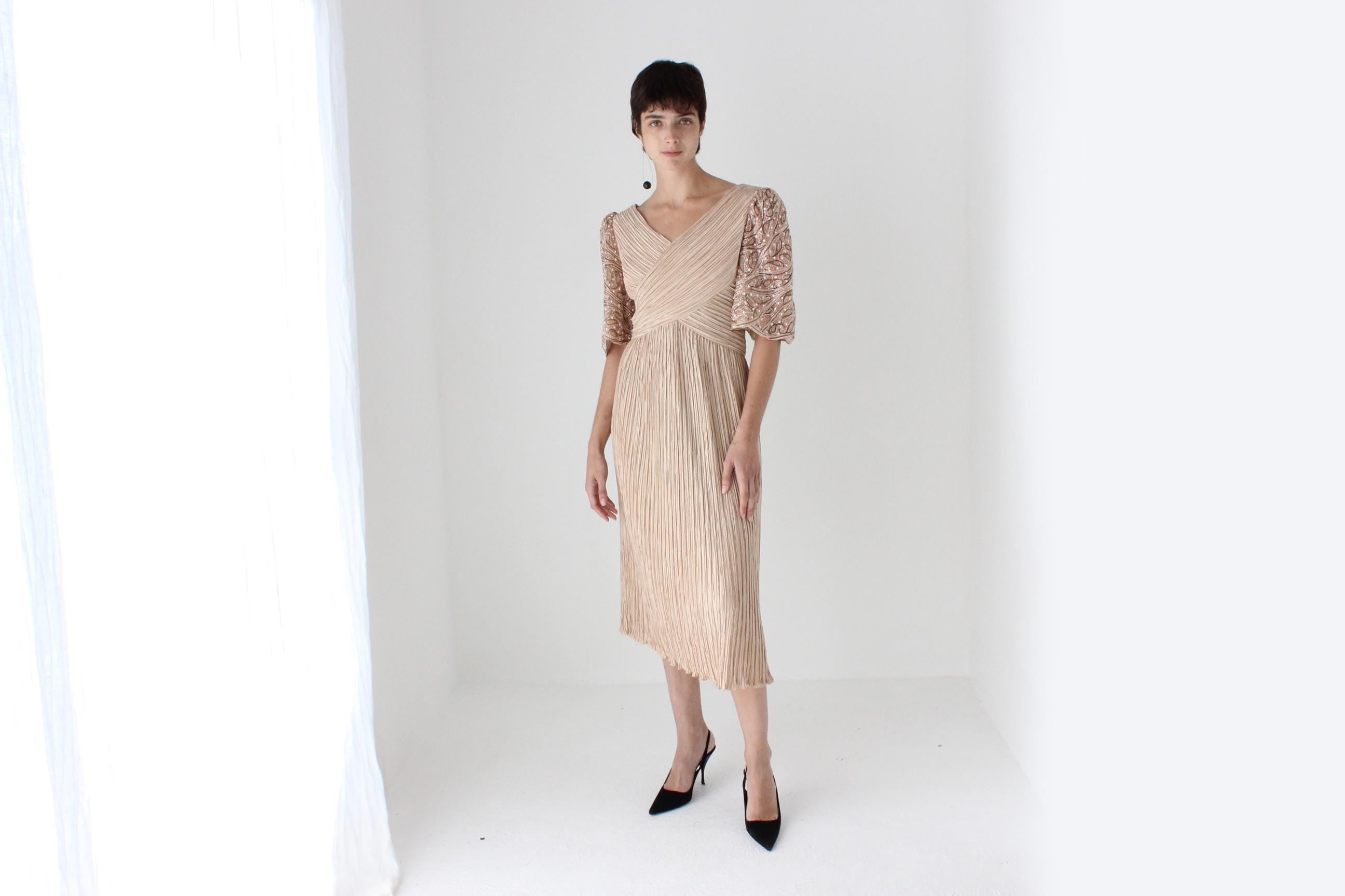 80s Richilene Fortuny Pleated Dusty Pink Cocktail Dress w/ Beaded Puff Sleeve