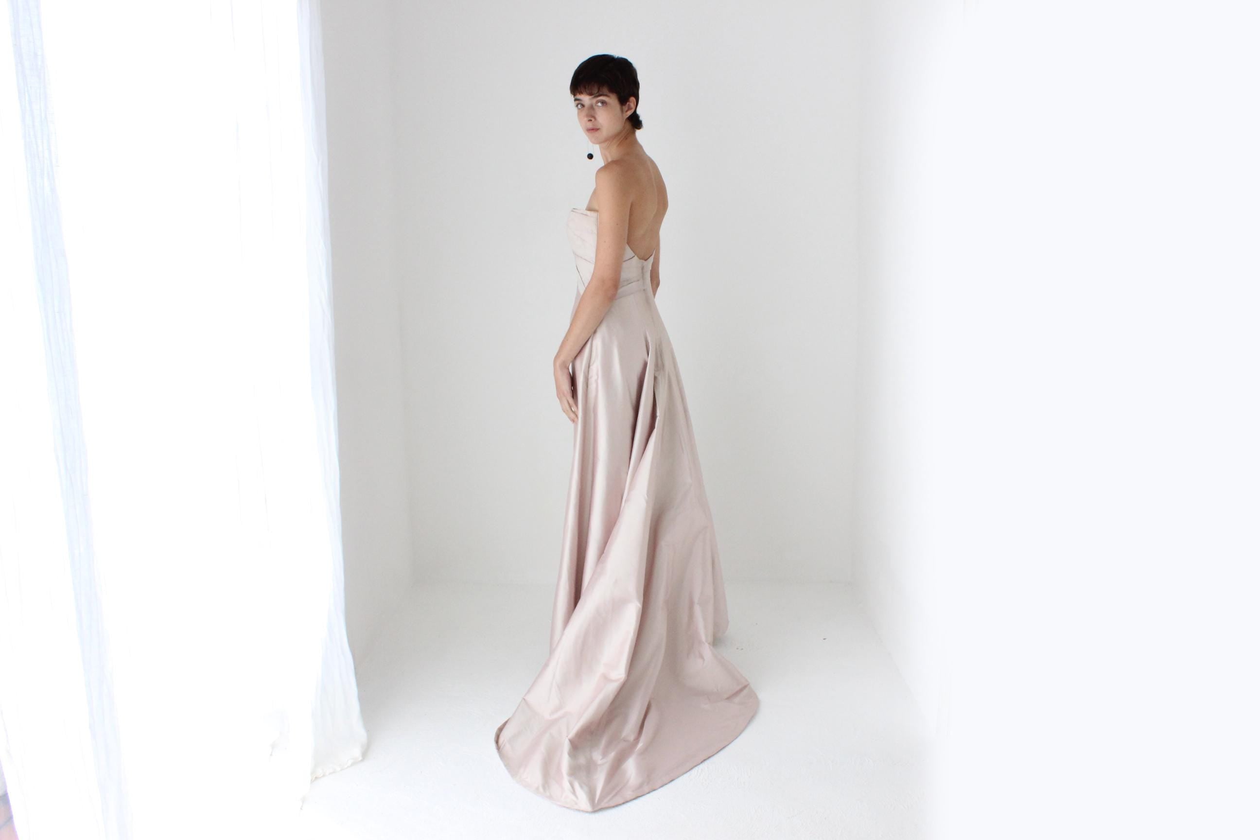 90s Mauve Silk Sculptural Bodice Strapless Gown