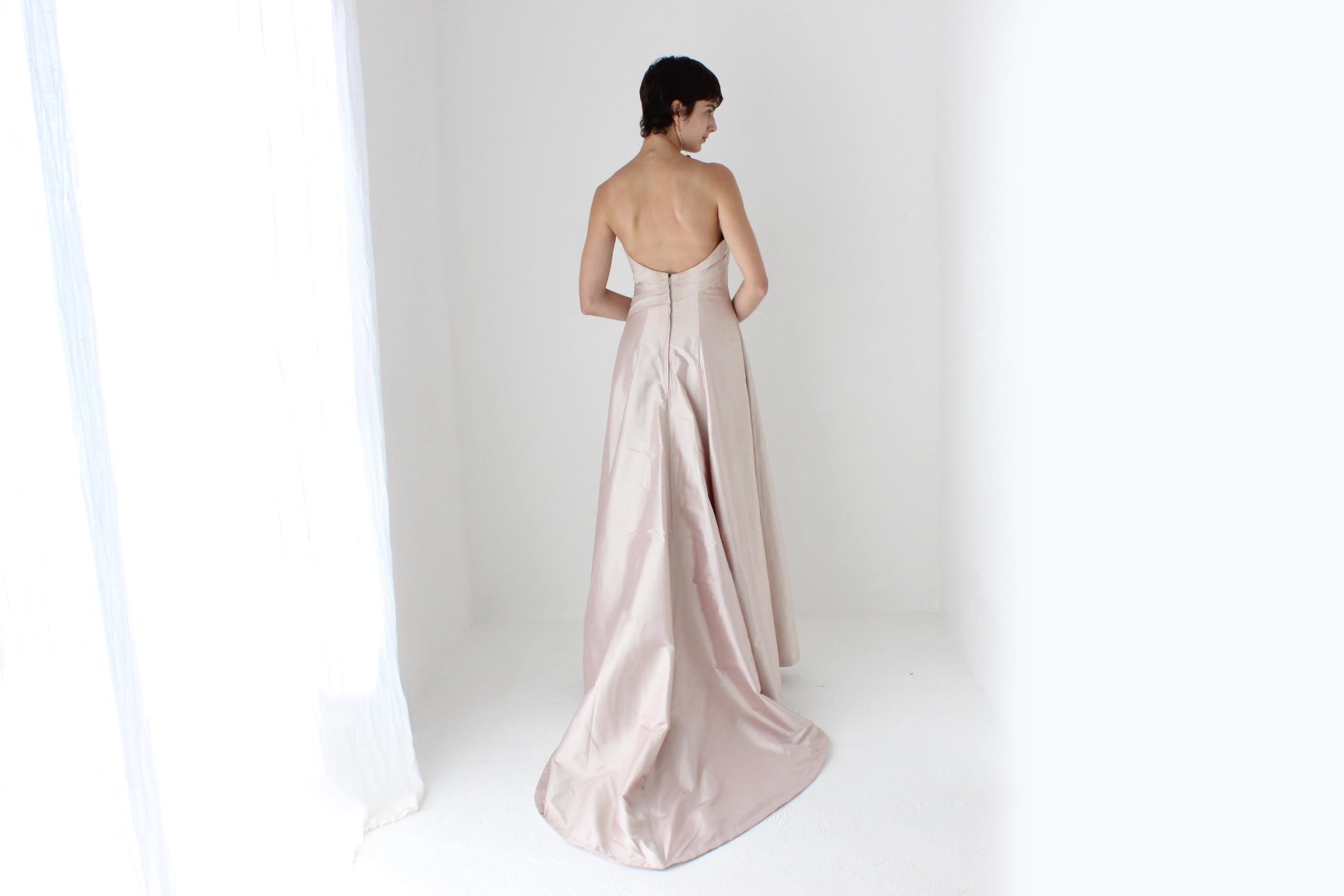 90s Mauve Silk Sculptural Bodice Strapless Gown