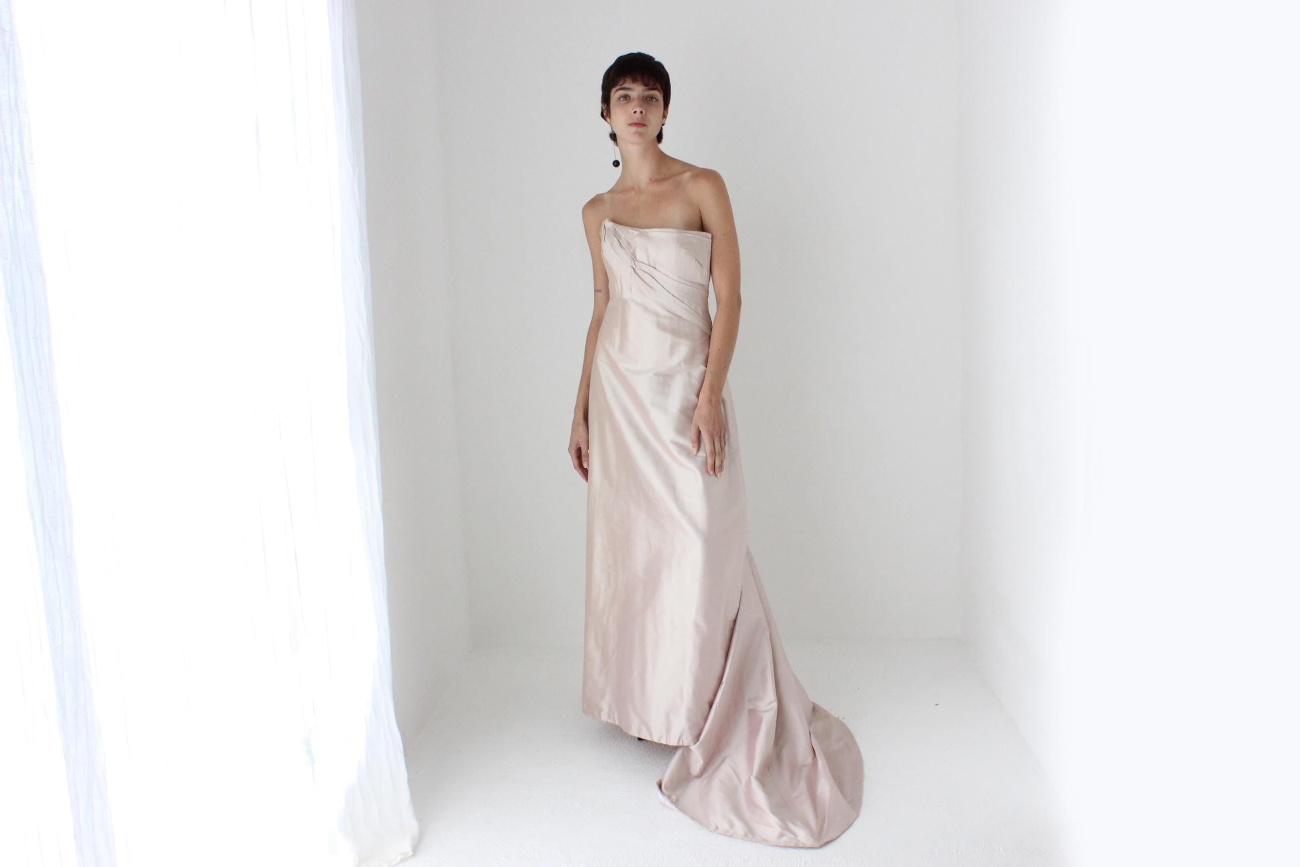 90s Mauve Silk Sculptural Bodice Strapless Gown
