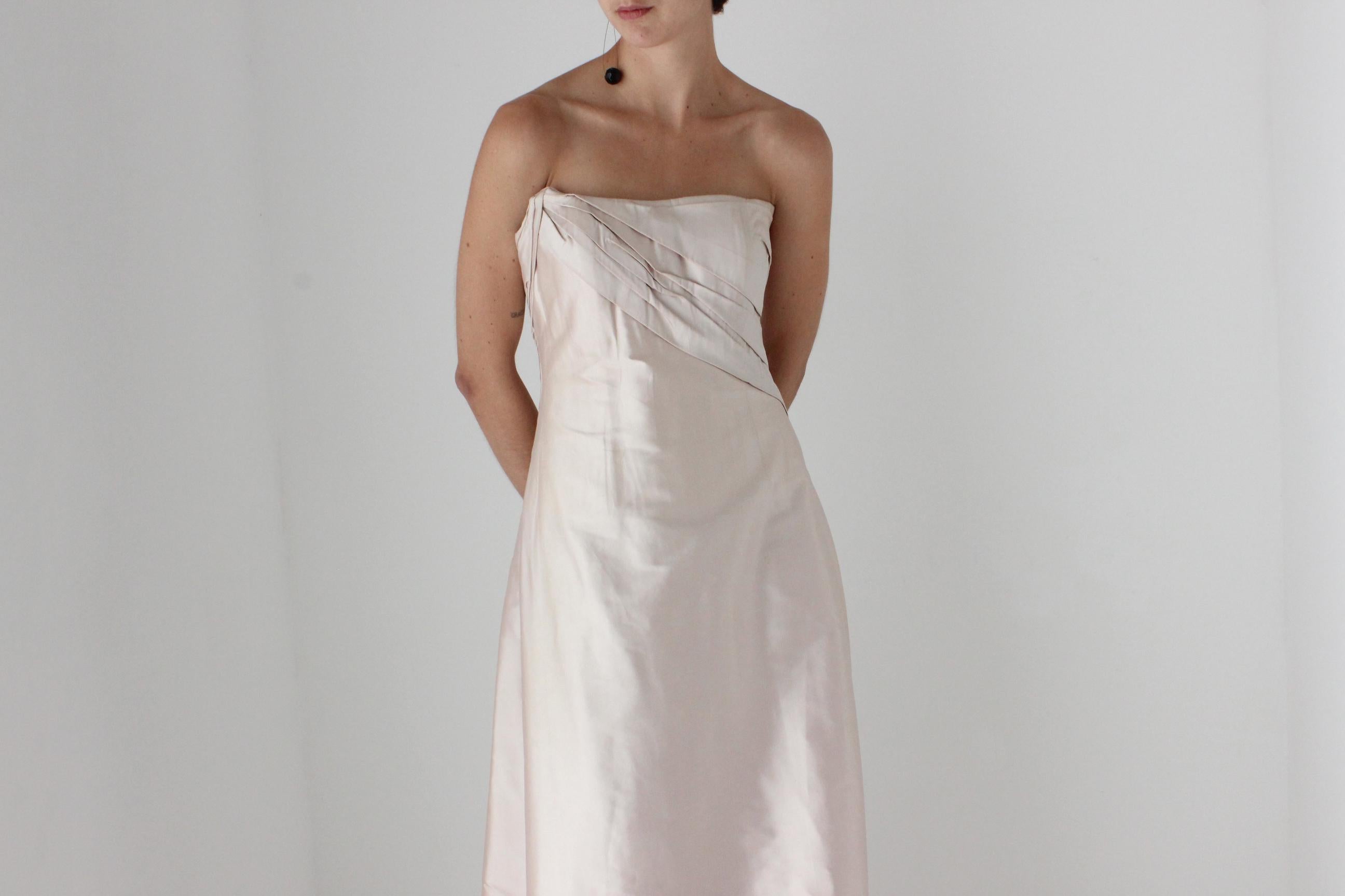 90s Mauve Silk Sculptural Bodice Strapless Gown