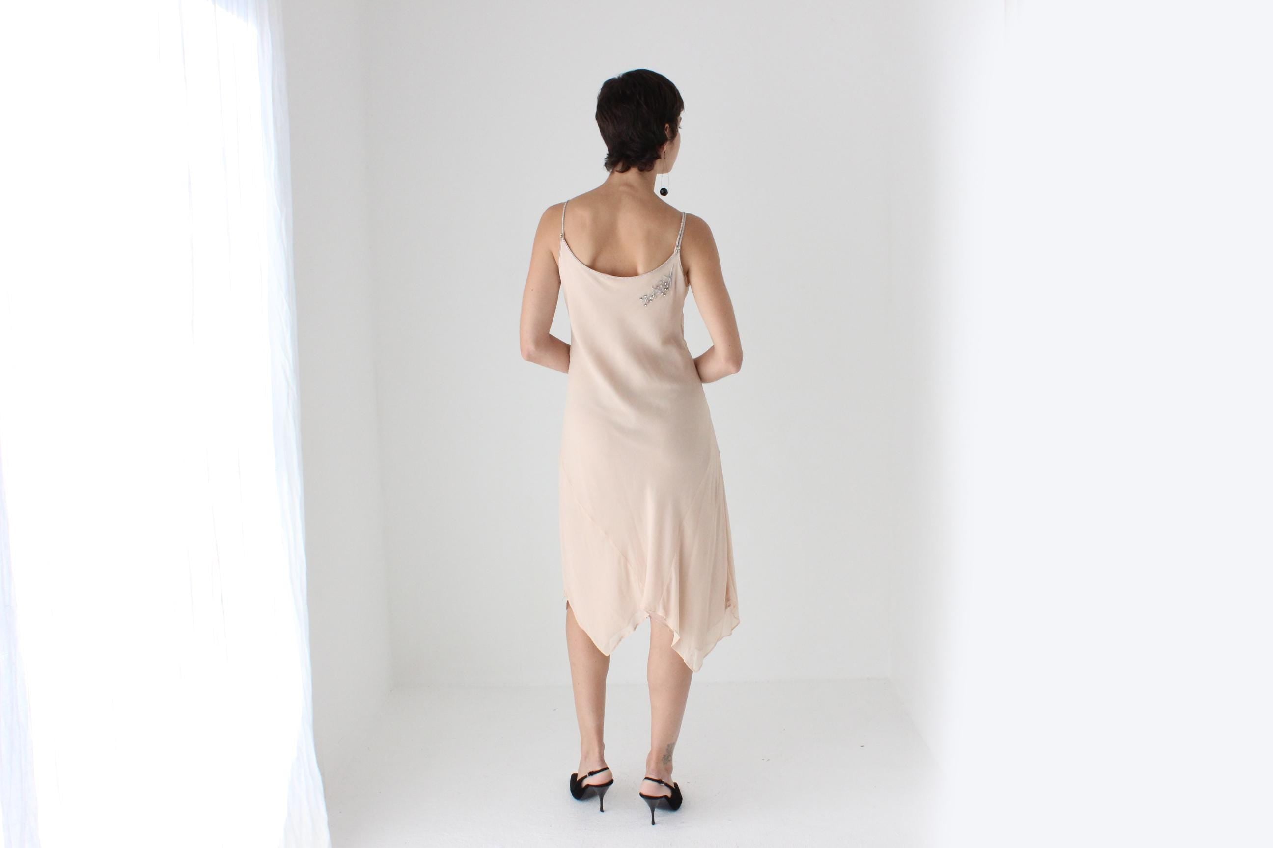 Y2K Pastel Pink Pure Silk Asymmetric Plunge Neck Slip Dress w/ Beading & Feathers