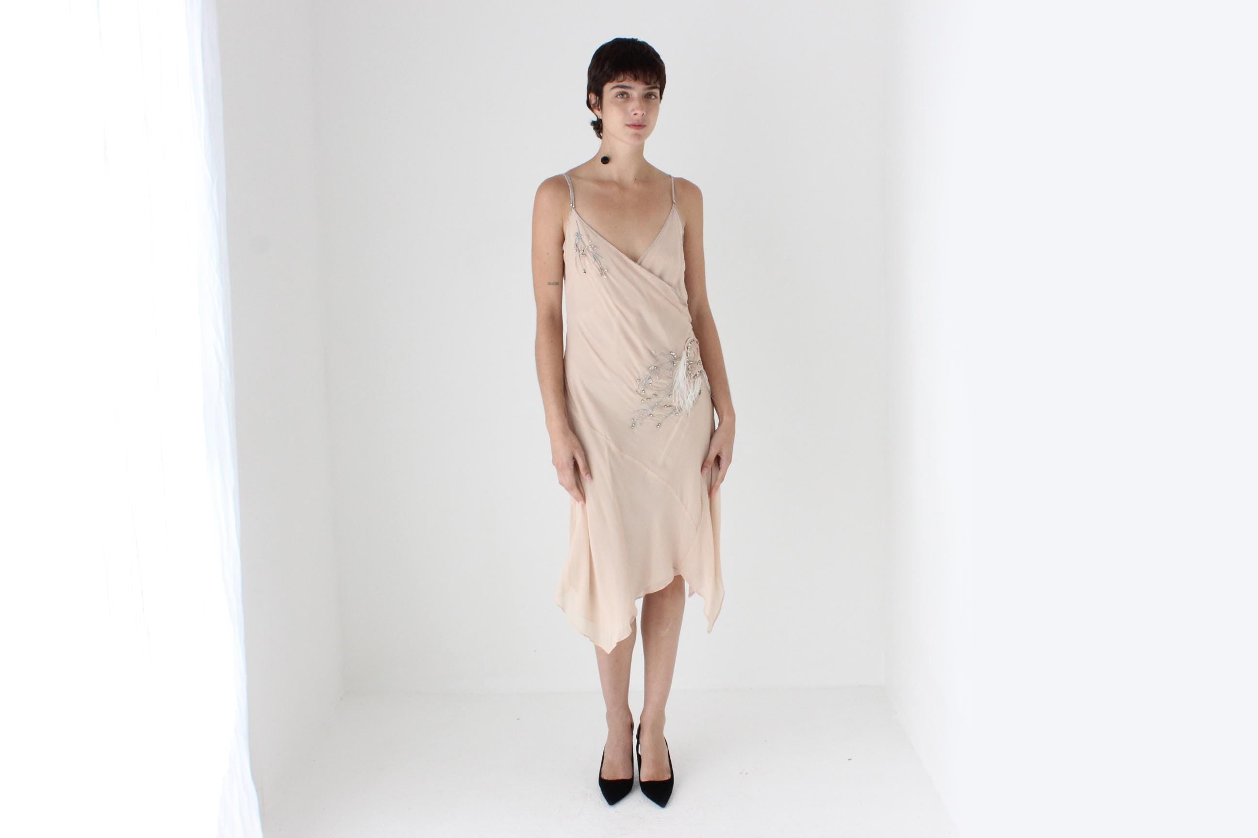 Y2K Pastel Pink Pure Silk Asymmetric Plunge Neck Slip Dress w/ Beading & Feathers
