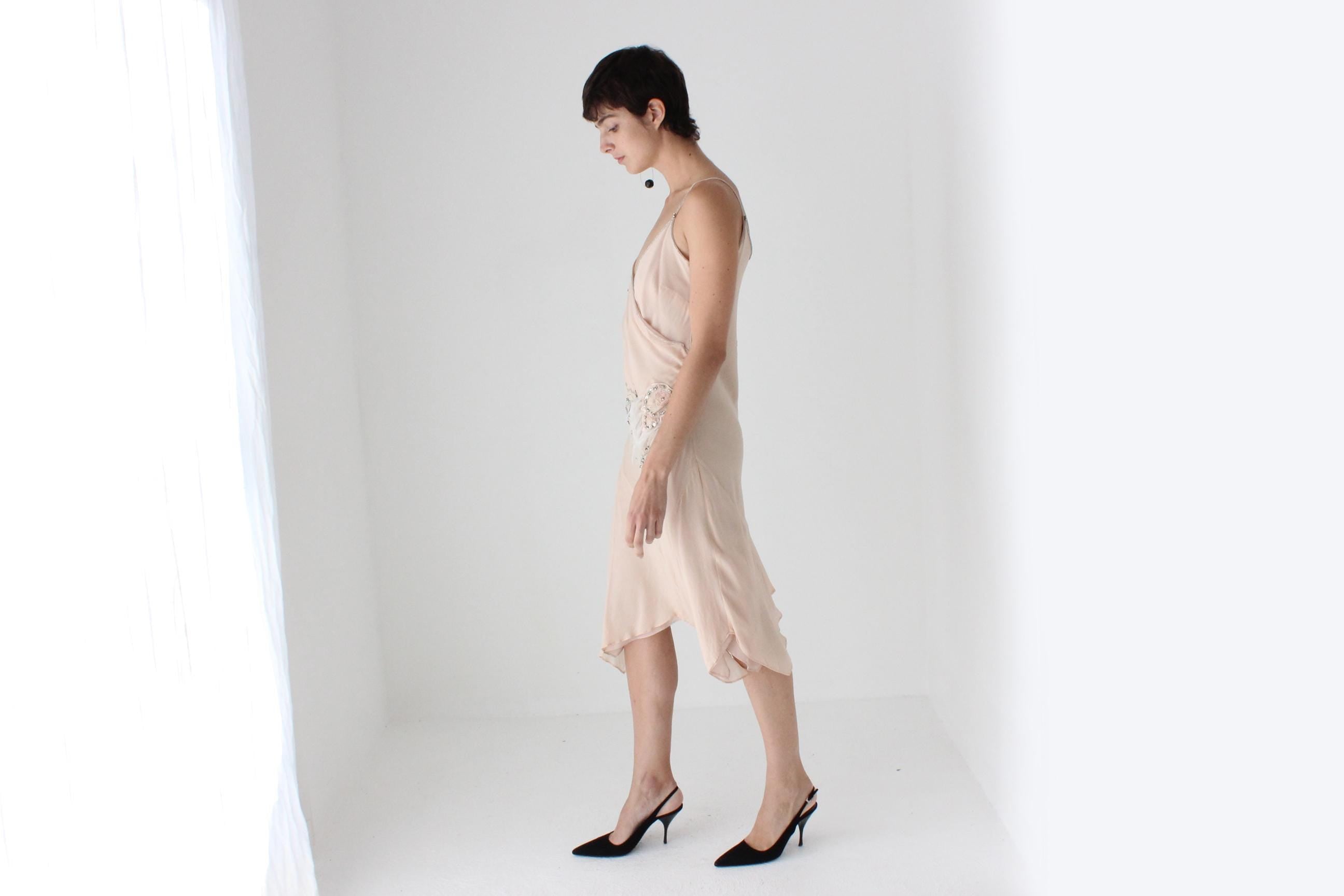 Y2K Pastel Pink Pure Silk Asymmetric Plunge Neck Slip Dress w/ Beading & Feathers