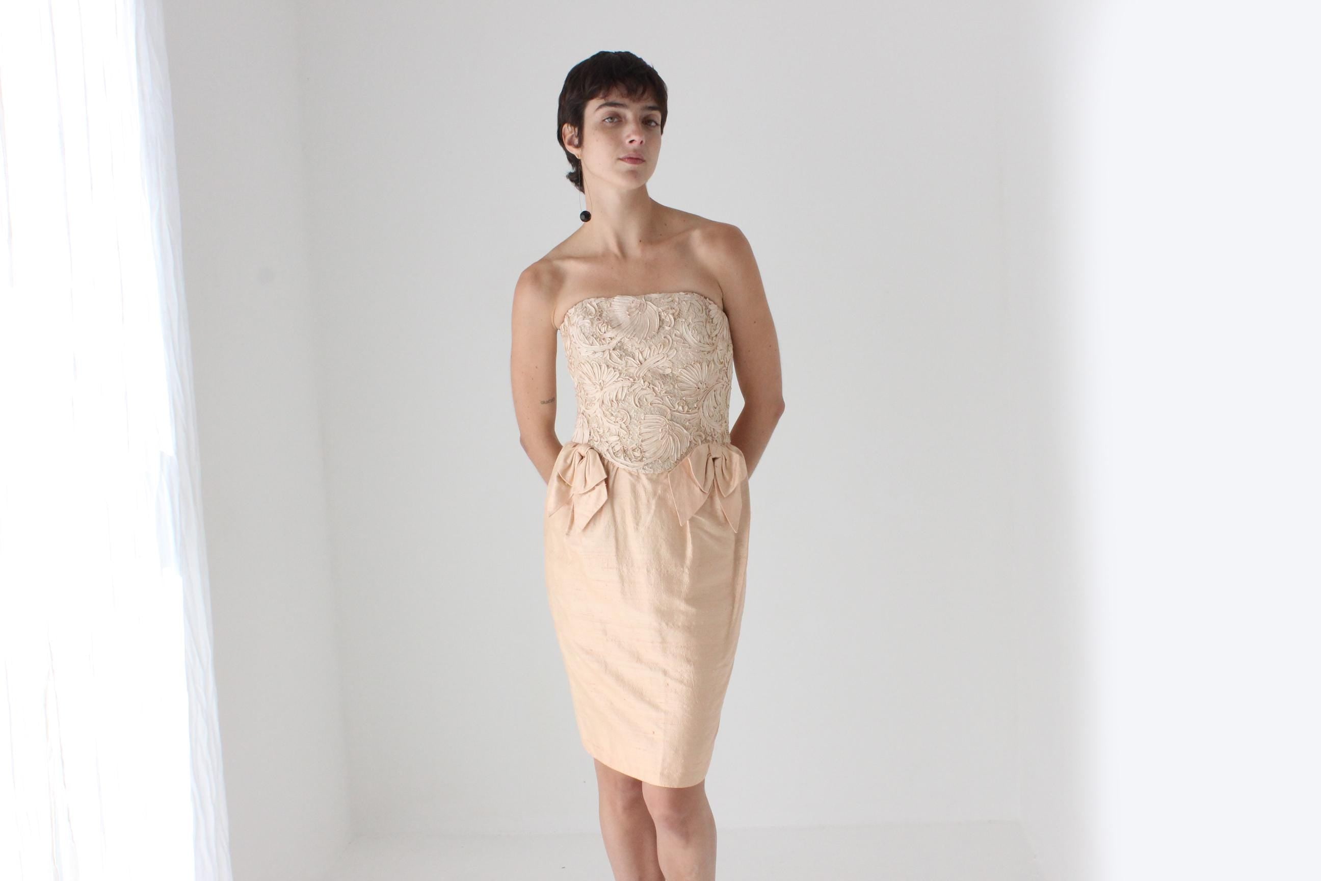 Glorious 80s Raw Silk Strapless Bustier Mini Dress by Tom & Linda Platt