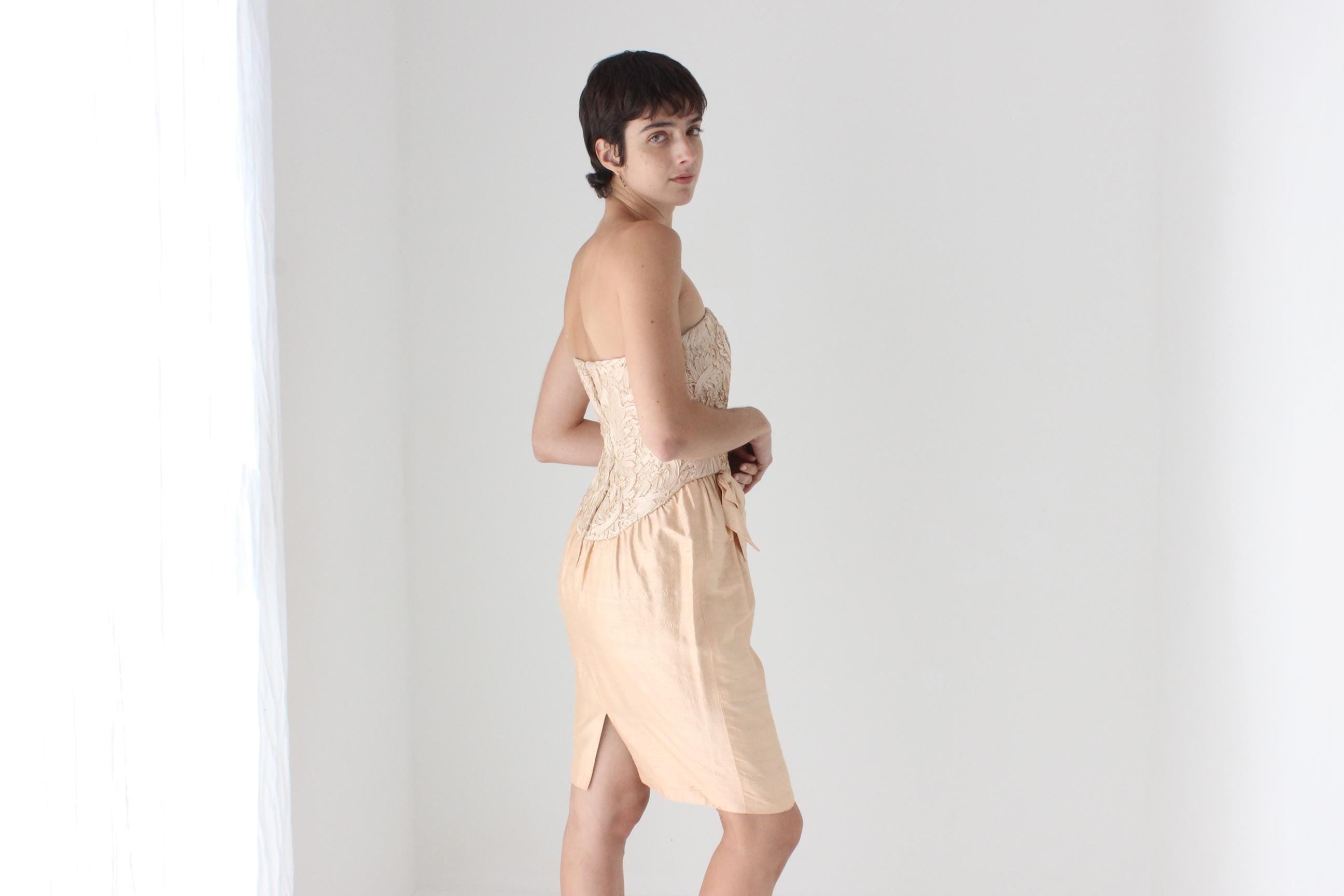 Glorious 80s Raw Silk Strapless Bustier Mini Dress by Tom & Linda Platt