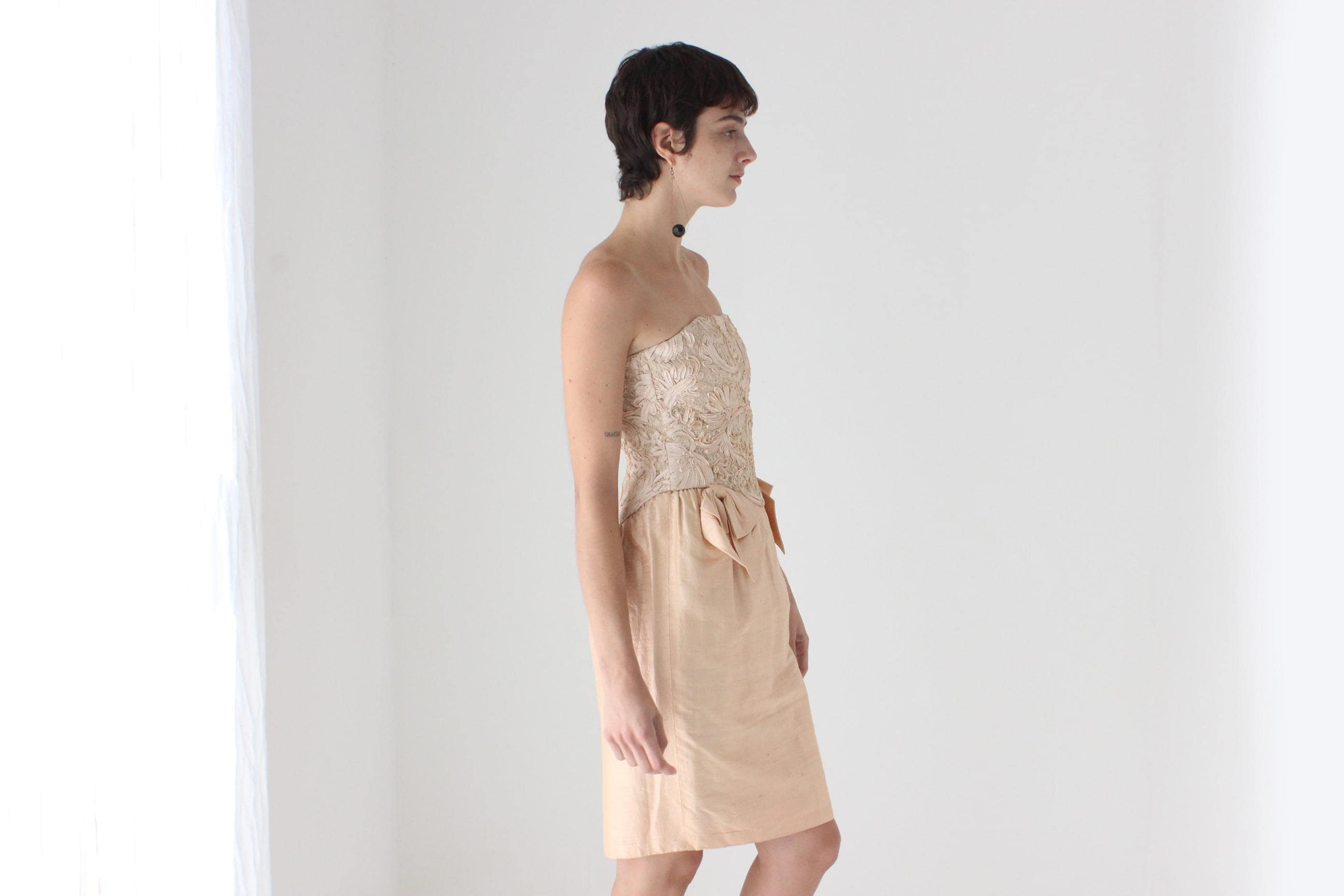 Glorious 80s Raw Silk Strapless Bustier Mini Dress by Tom & Linda Platt