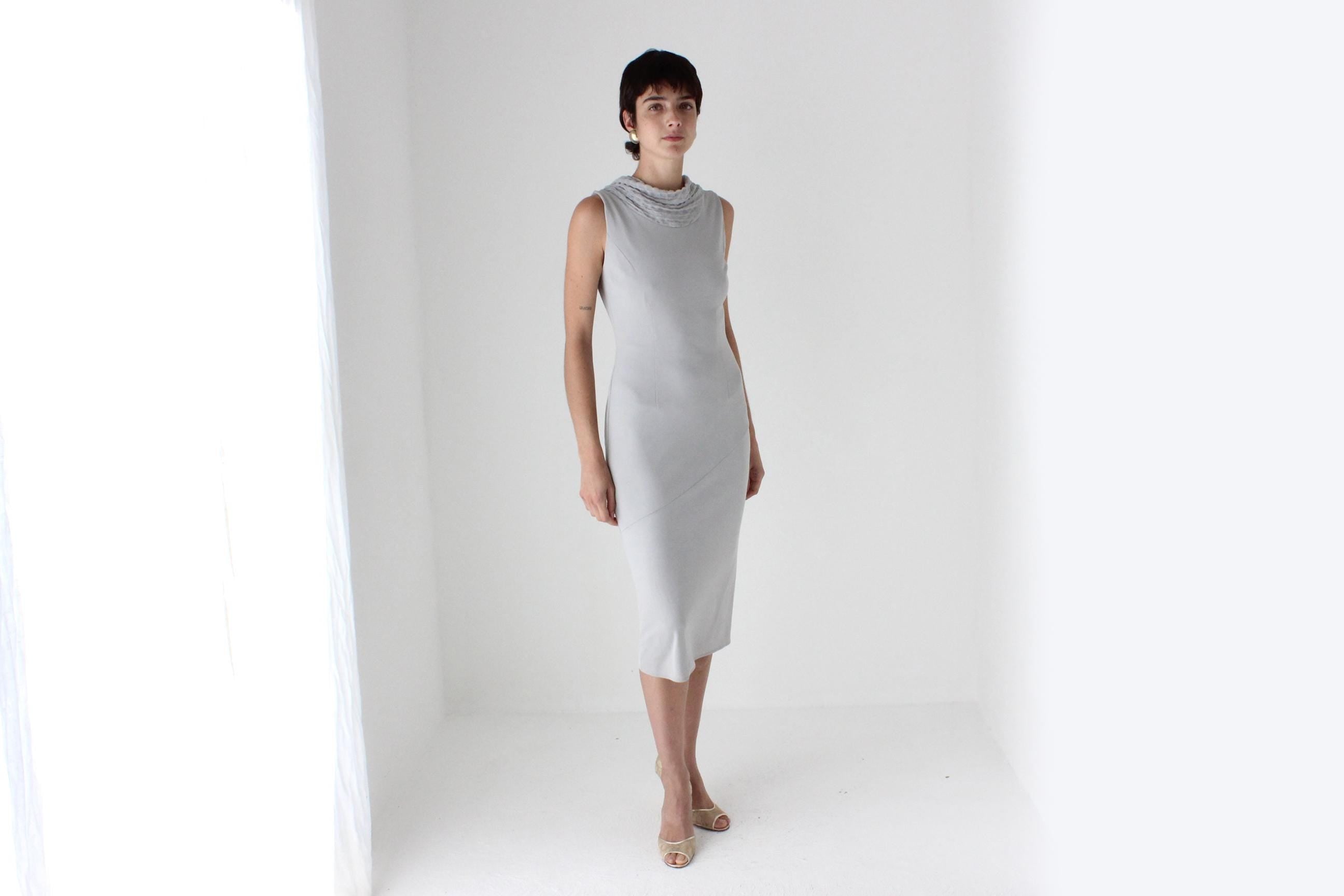 90s Italian Dove Grey Draped Backless Bateau Neck Cocktail Dress