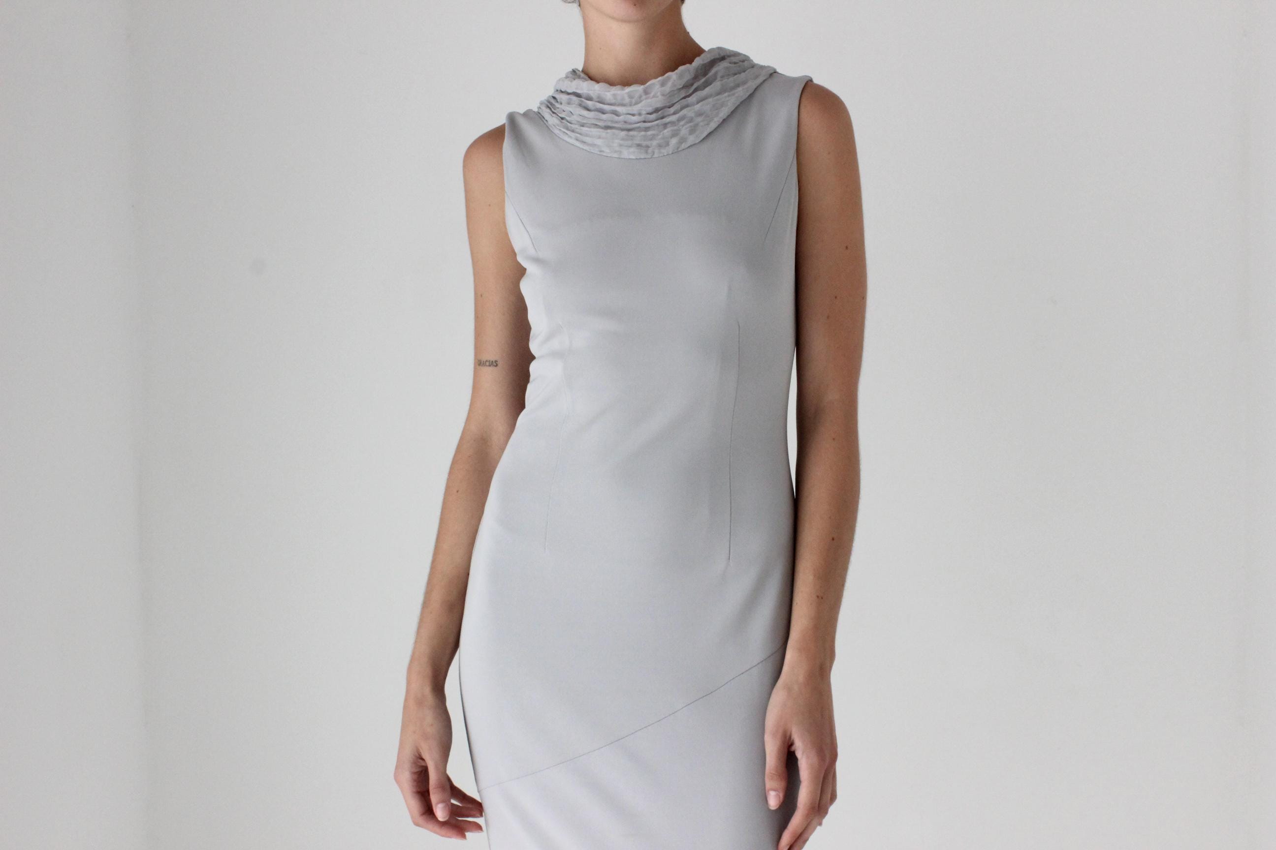 90s Italian Dove Grey Draped Backless Bateau Neck Cocktail Dress