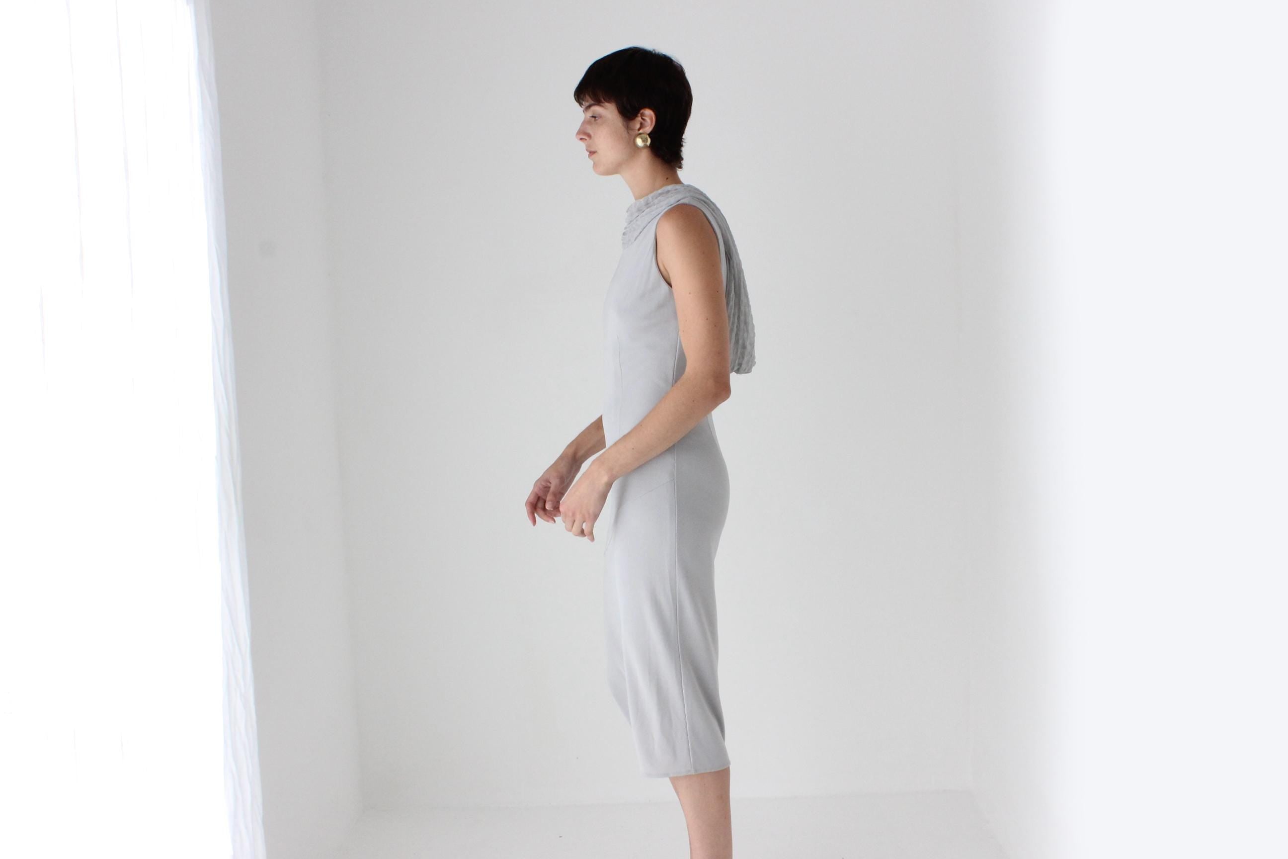 90s Italian Dove Grey Draped Backless Bateau Neck Cocktail Dress