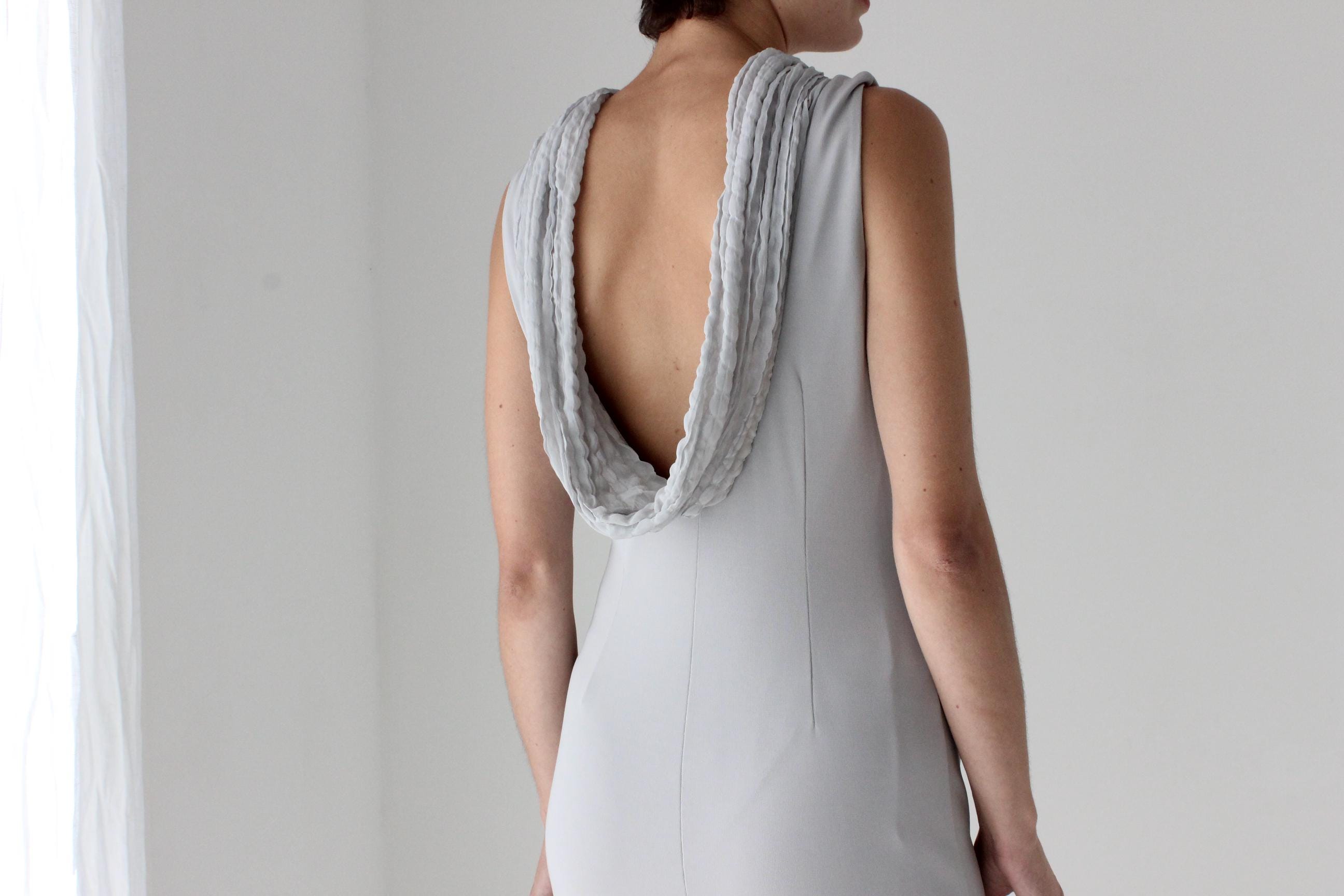 90s Italian Dove Grey Draped Backless Bateau Neck Cocktail Dress