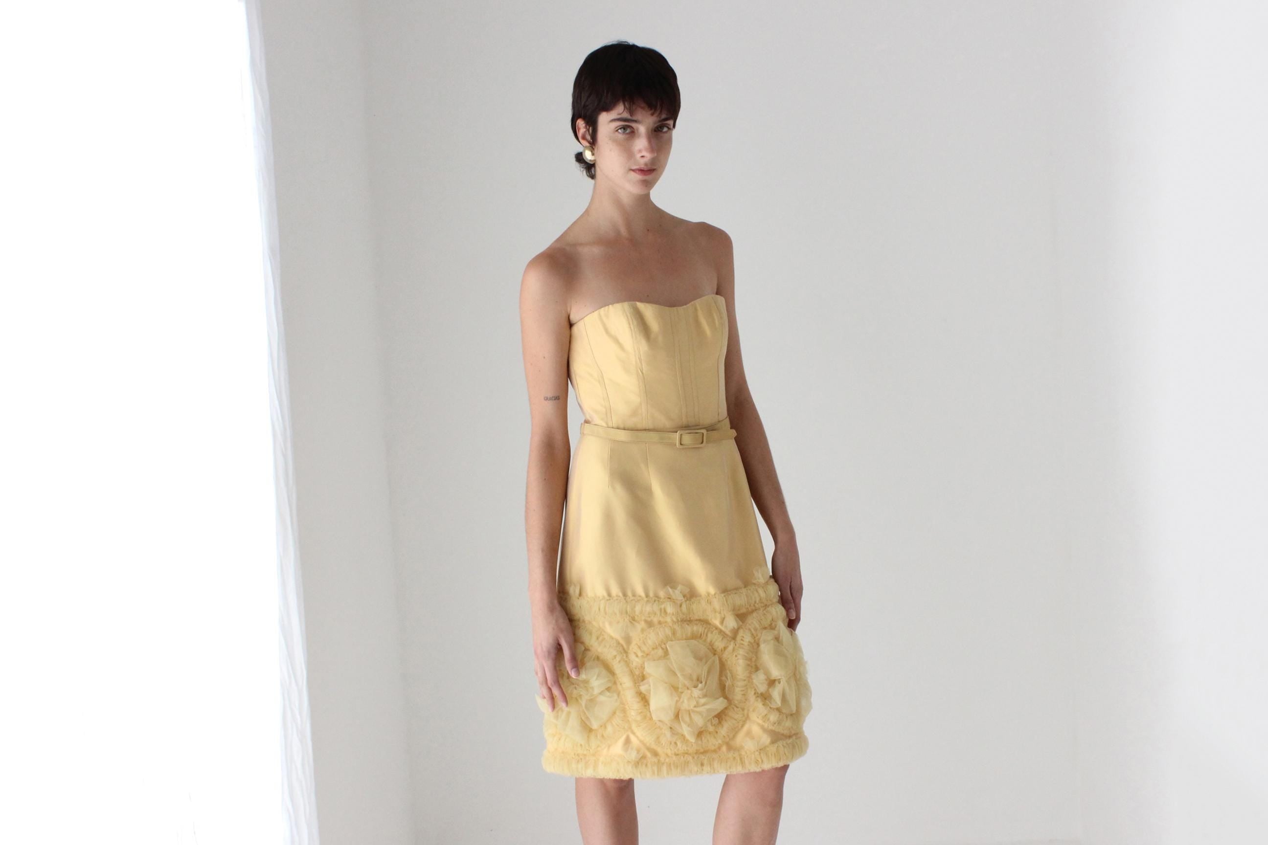 2000s Badgley Mischka Yellow Silk Strapless Bustier Dress w/ 3D Tulle Detailing