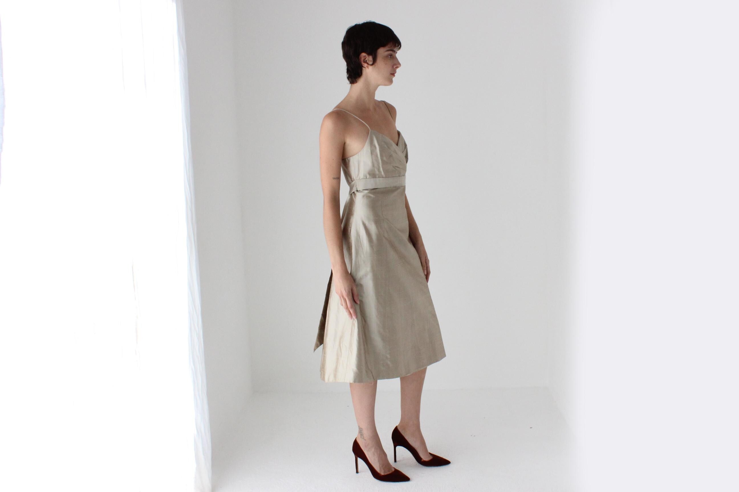 2000s Jenny Yoo Iridescent Raw Silk Neutral Cocktail Dress
