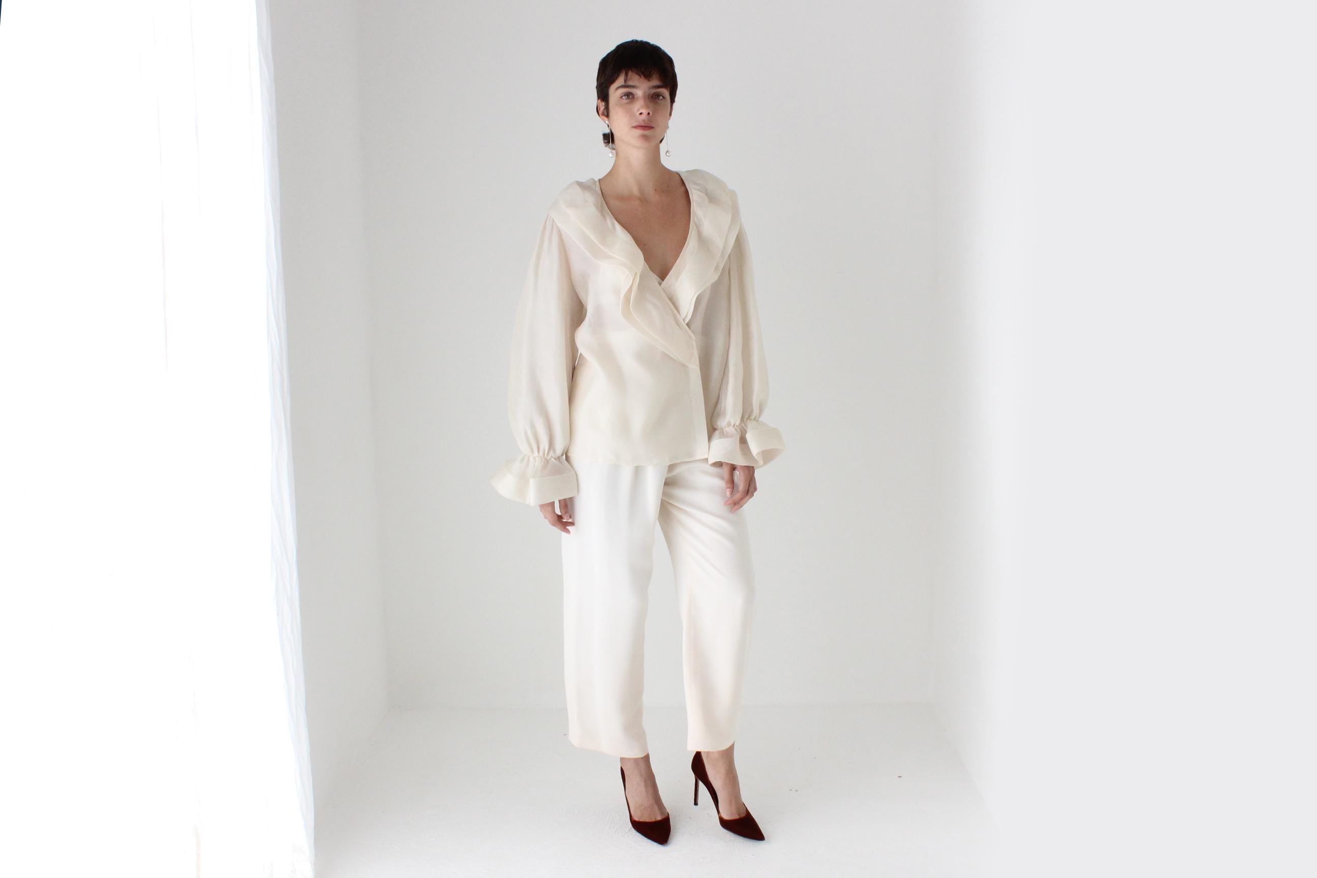 80s OSCAR De La RENTA Sheer Gauze Harlequin Ruffle Blouse