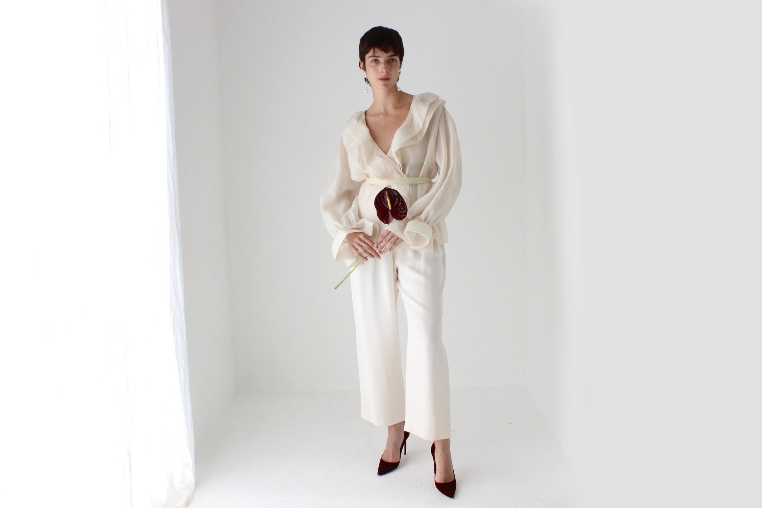 80s OSCAR De La RENTA Sheer Gauze Harlequin Ruffle Blouse